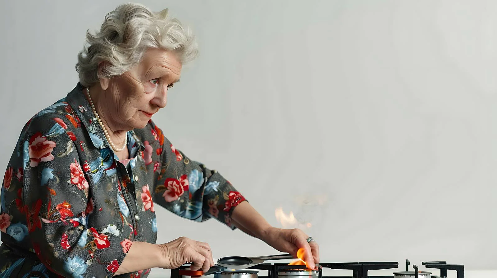 Elderly Woman Cooking at Gas Stove — free download from Dotvec