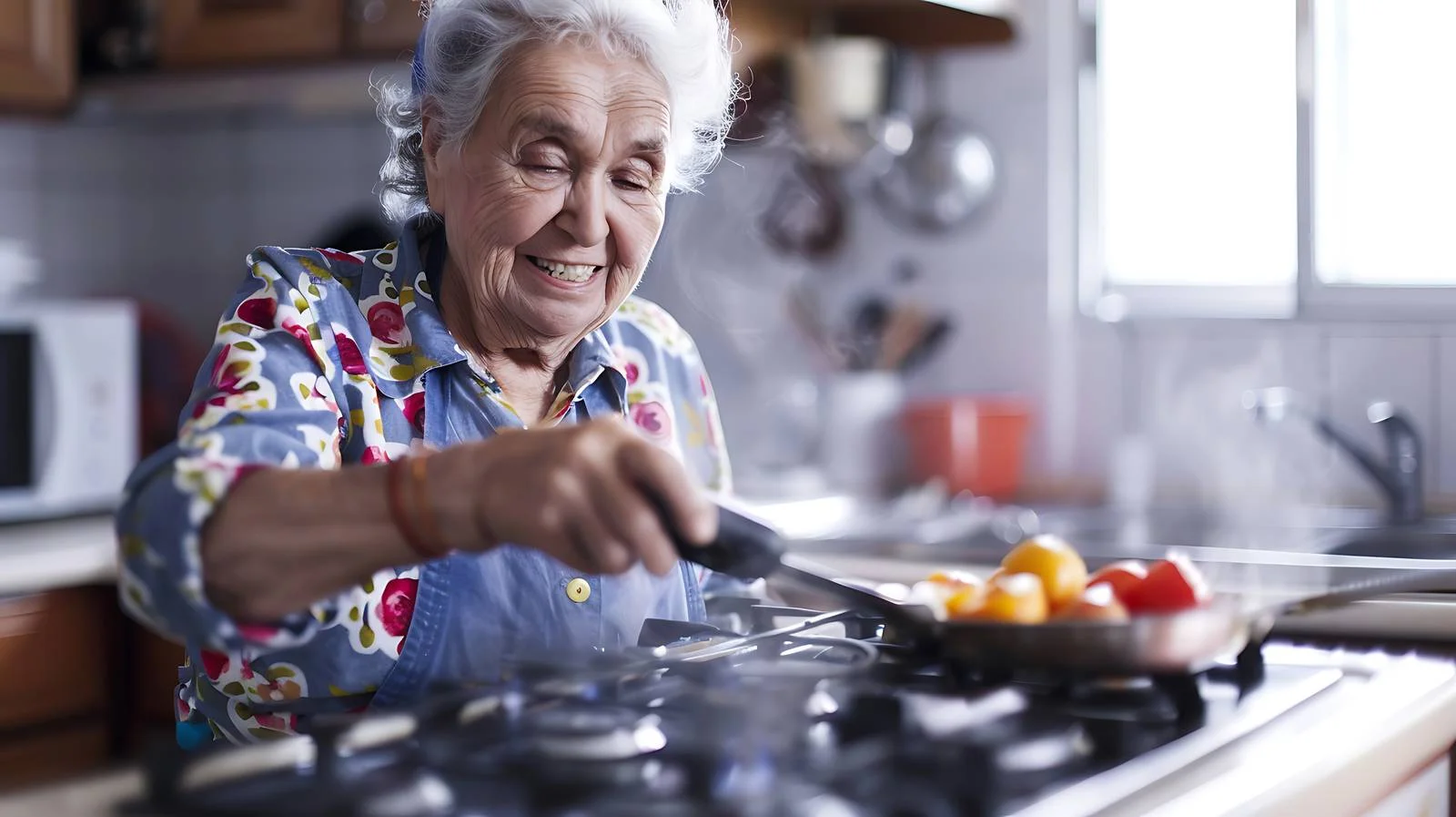 Senior Woman Cooking at Gas Stove — free download from Dotvec