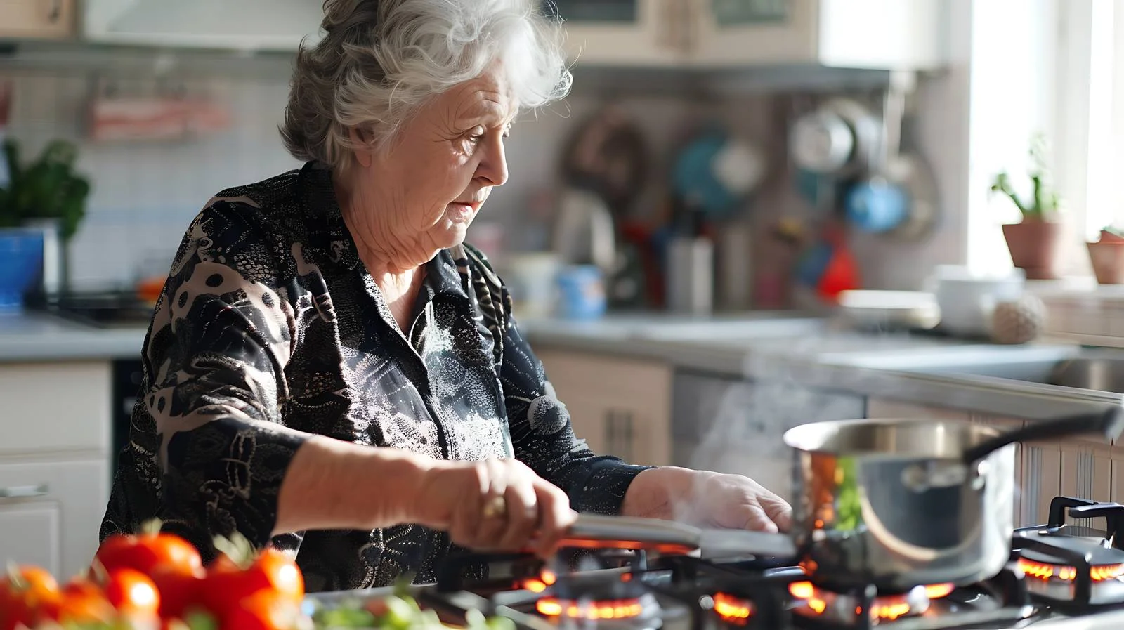 Elderly lady preparing food on kitchen stove — free download from Dotvec