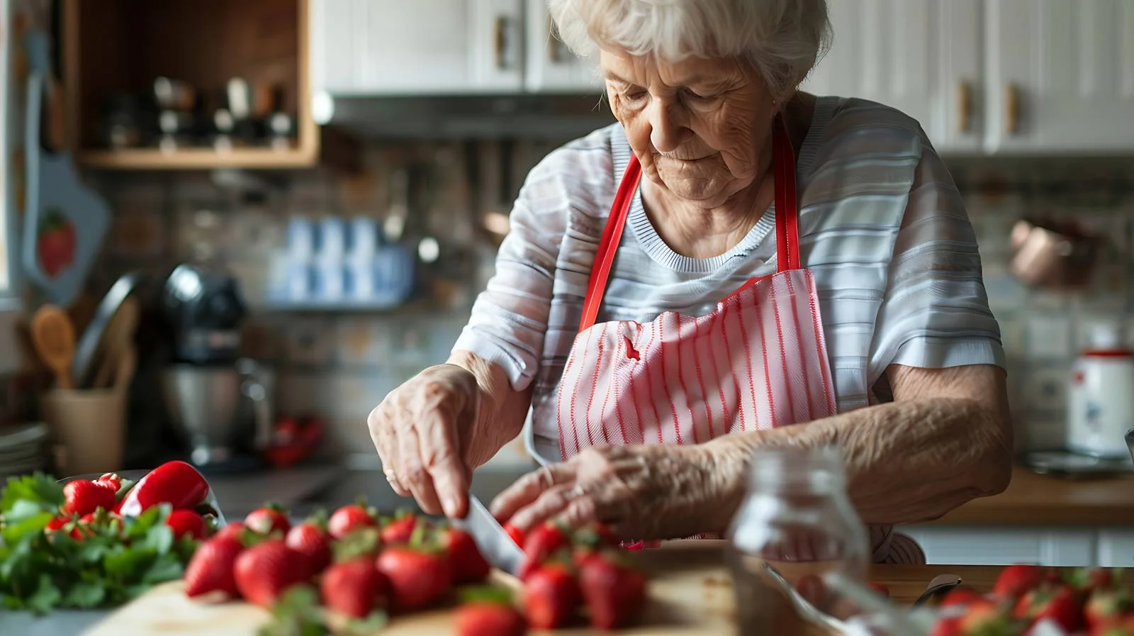 Elderly lady preparing strawberries in kitchen — free download from Dotvec