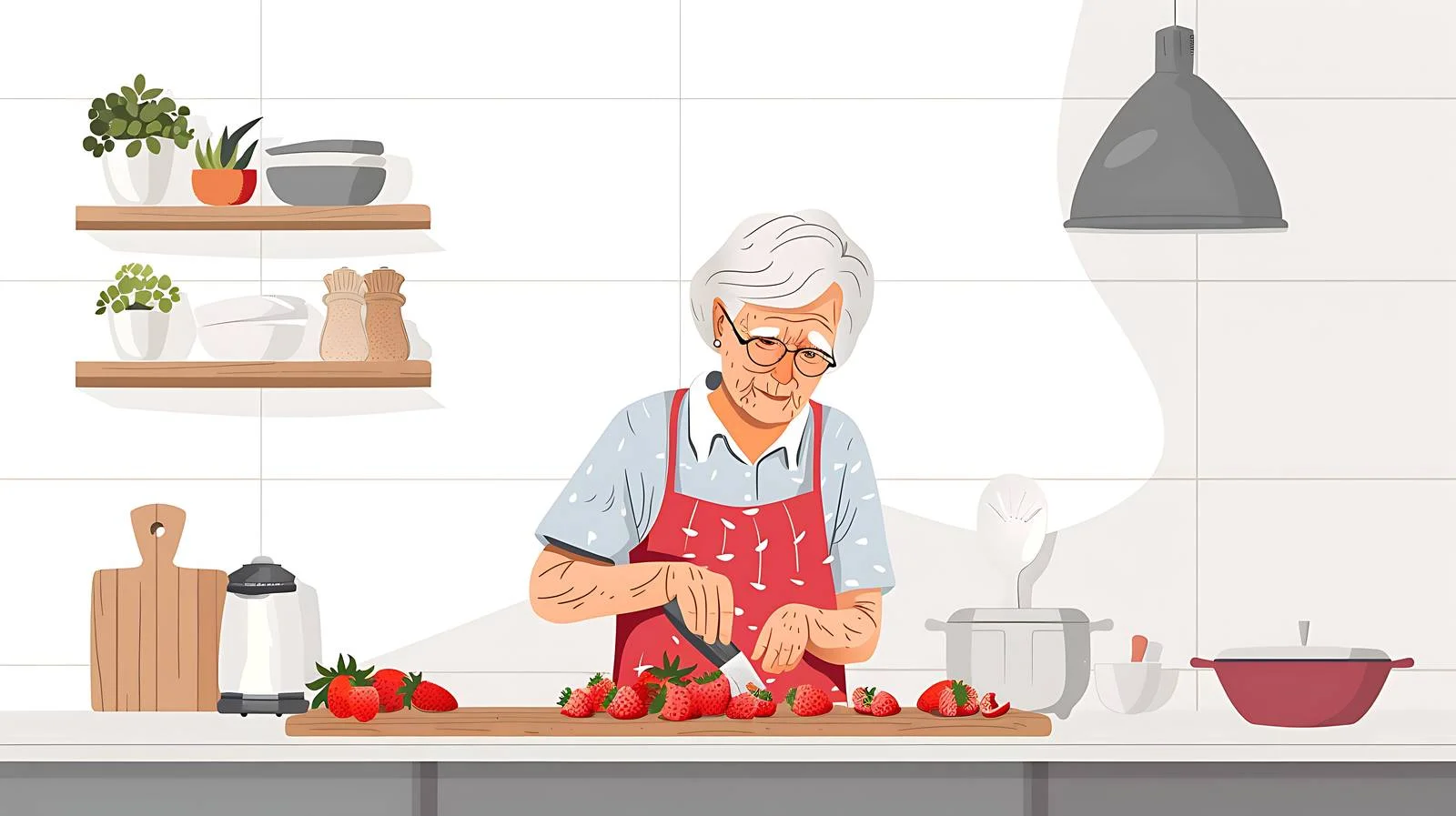 Senior Woman Chopping Strawberries in Kitchen — free download from Dotvec