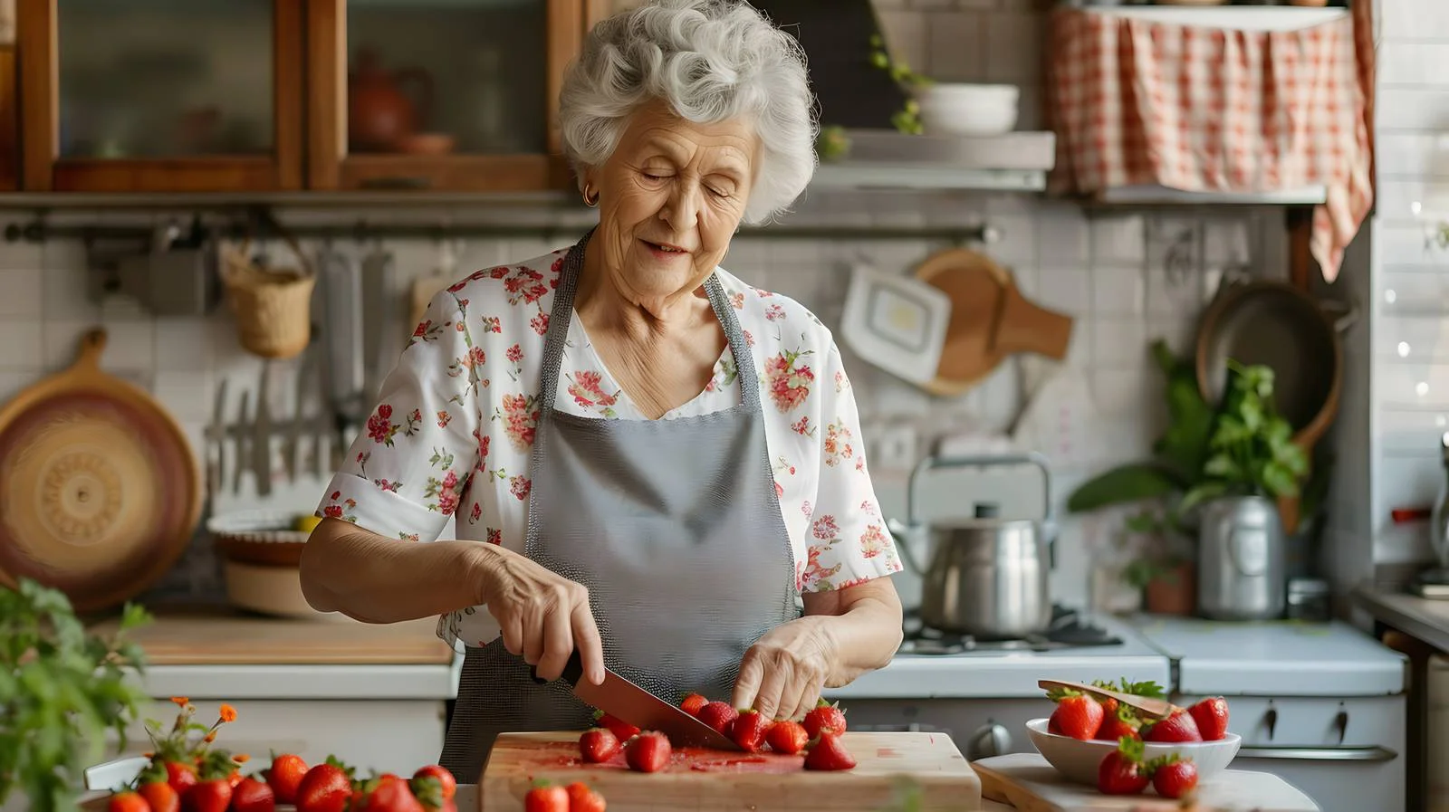 Elderly lady preparing strawberries in kitchen — free download from Dotvec