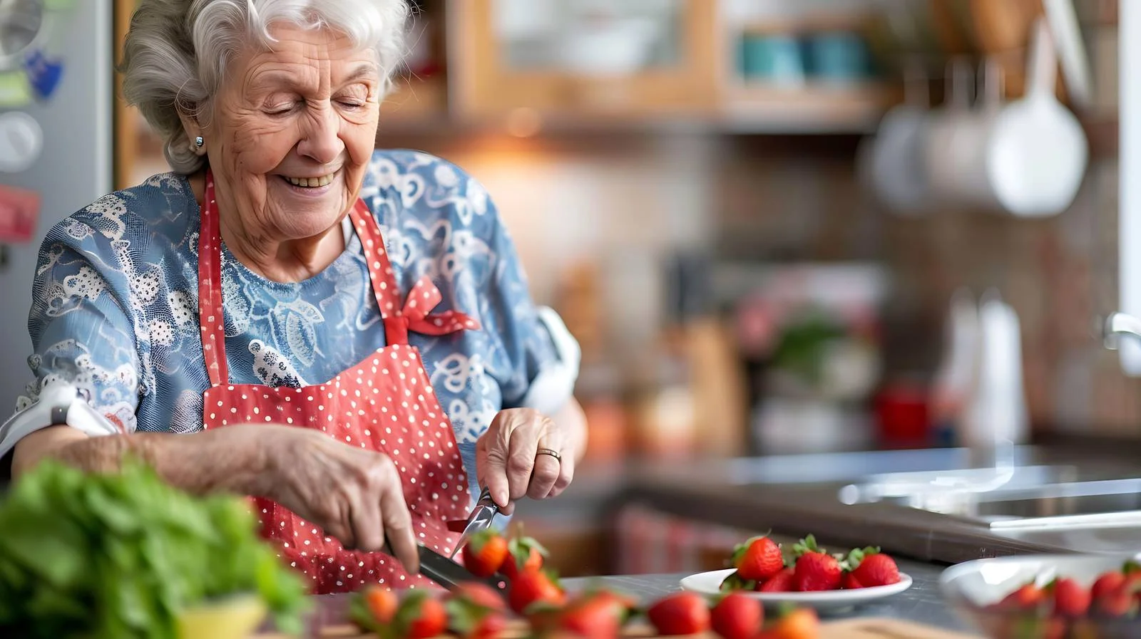 Elderly lady slicing strawberries in kitchen — free download from Dotvec