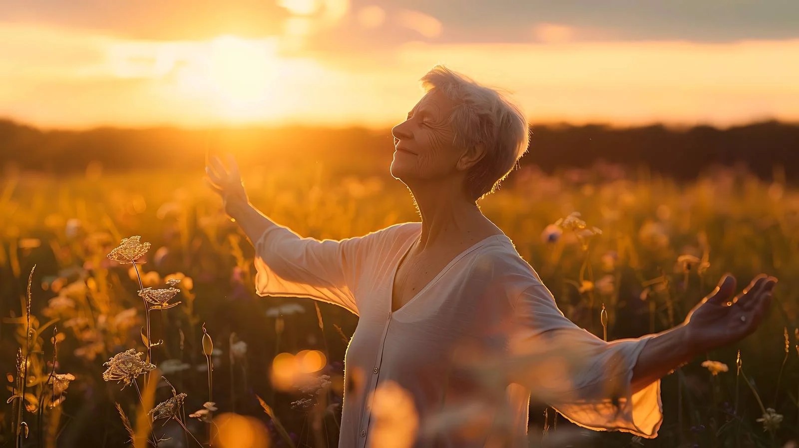 Serene Senior Woman Stretching Outdoors at Sunset — free download from Dotvec