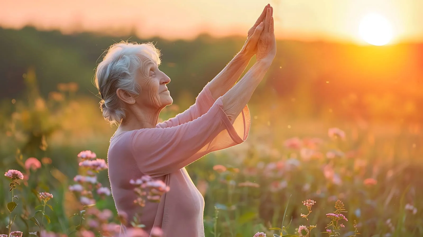 Tranquil Sunset Stretching in Meadow — free download from Dotvec