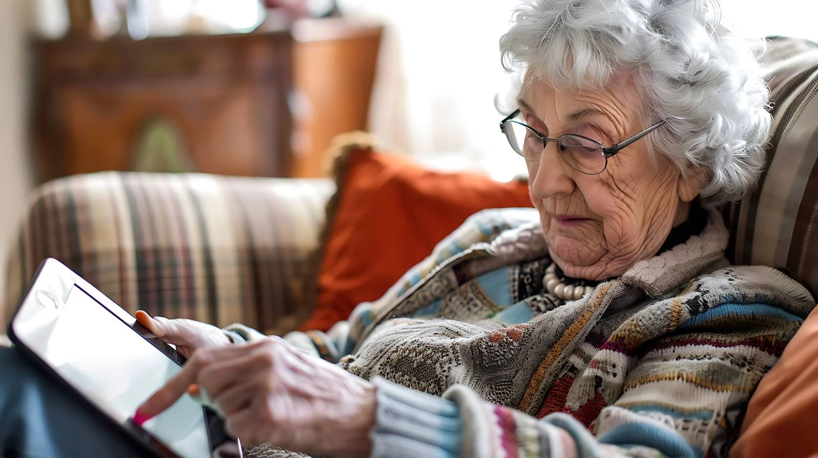 Elderly woman using tablet on sofa — free download from Dotvec