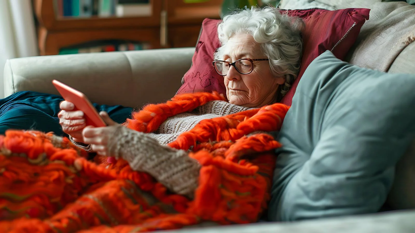 Senior Woman Using Digital Tablet on Sofa — free download from Dotvec