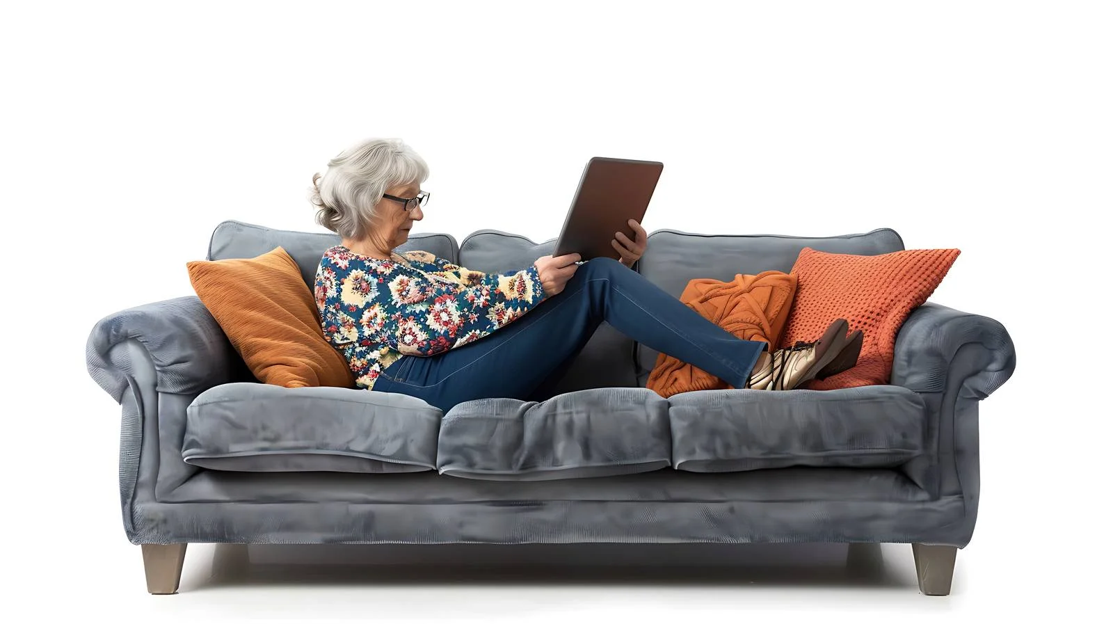 Elderly Woman Relaxing with Tablet on Sofa — free download from Dotvec