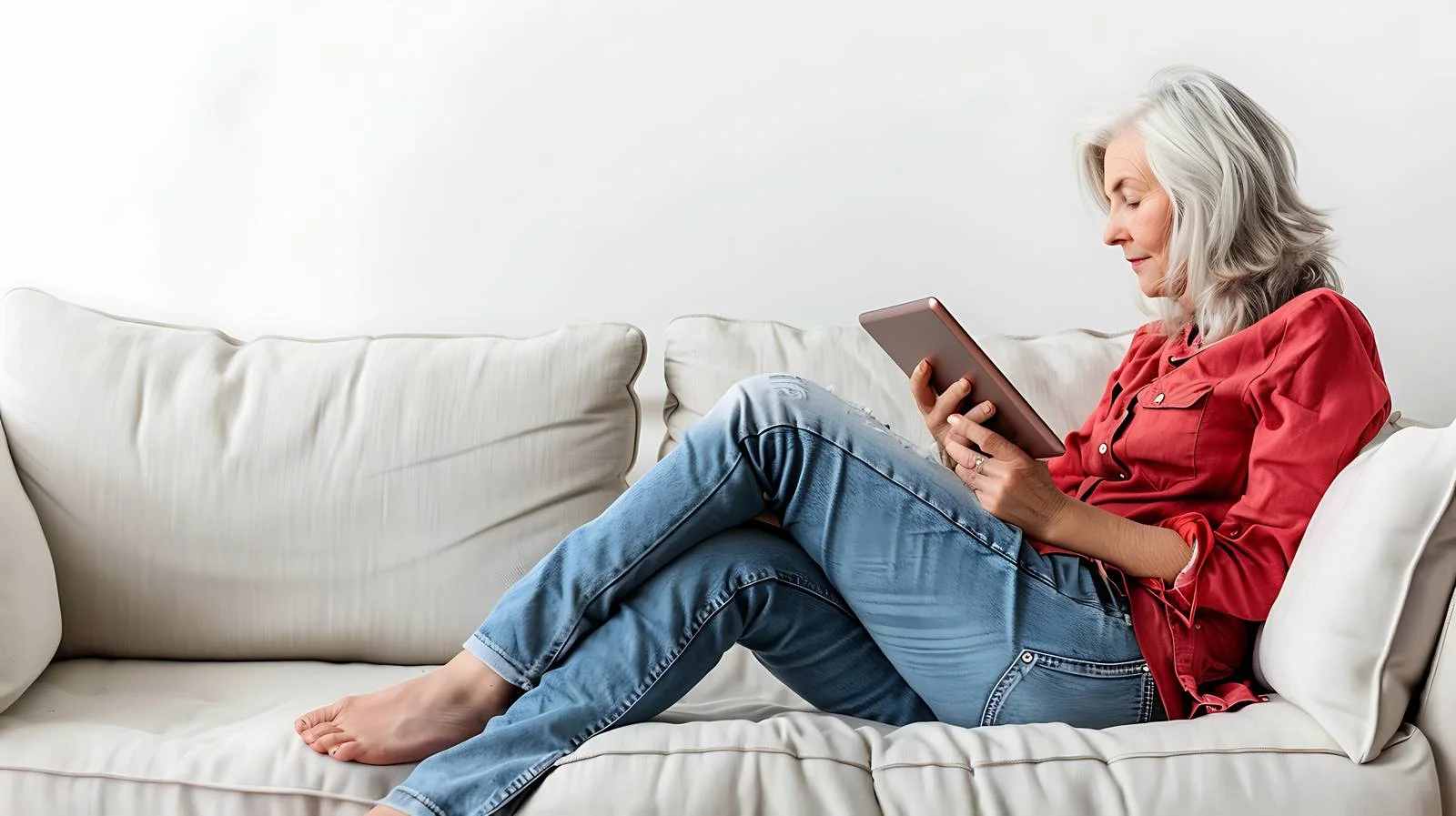 Elderly Woman Relaxing with Tablet on Sofa — free download from Dotvec