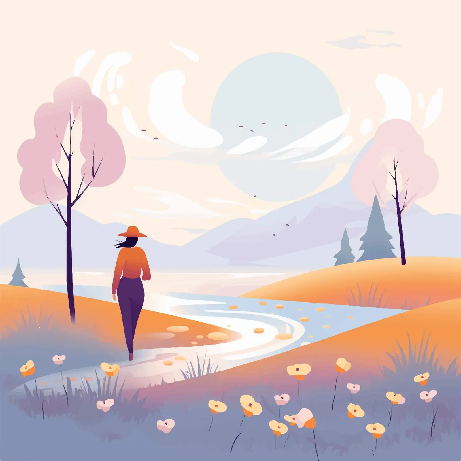 Serene Landscape with Woman Walking in Spring Flowers — free download from Dotvec