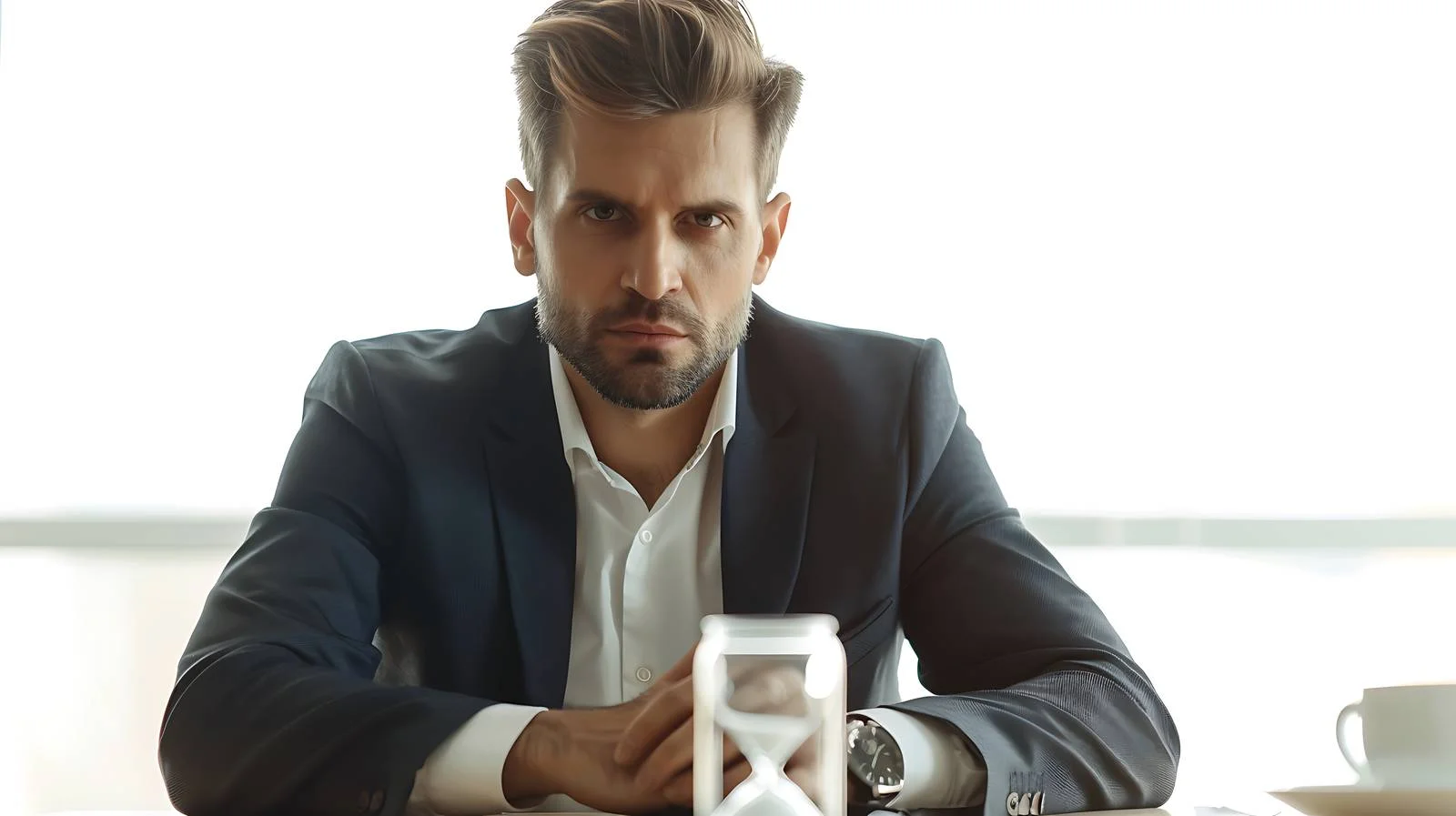 Focused Businessman Observing Hourglass on Table — free download from Dotvec