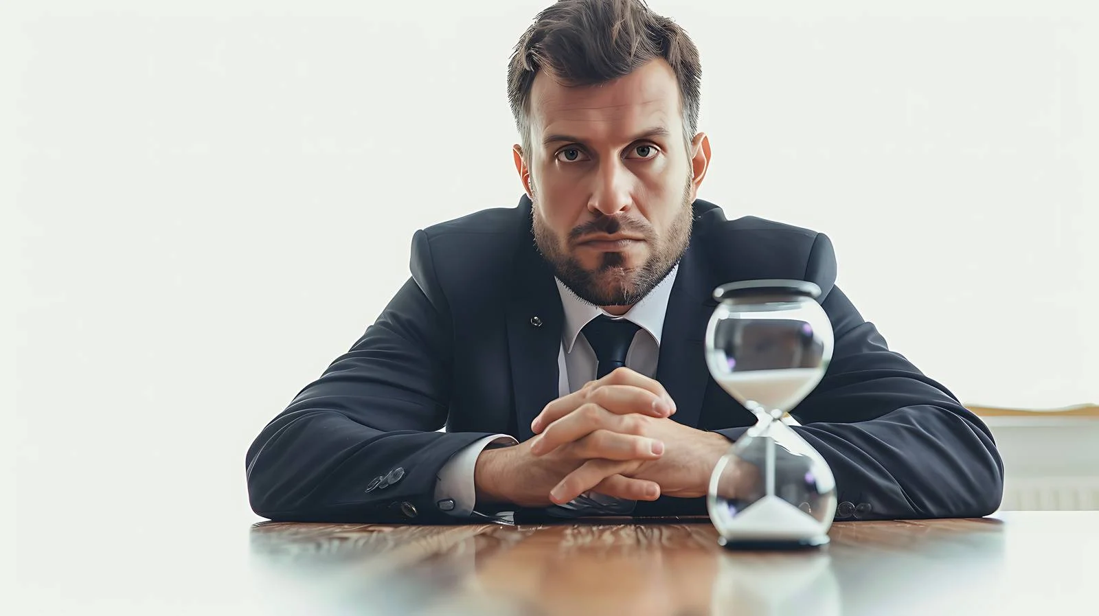 Focused Businessman and Hourglass on Table — free download from Dotvec