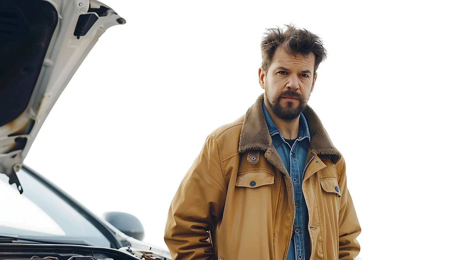 Man Assessing Car Breakdown with Open Bonnet — free download from Dotvec