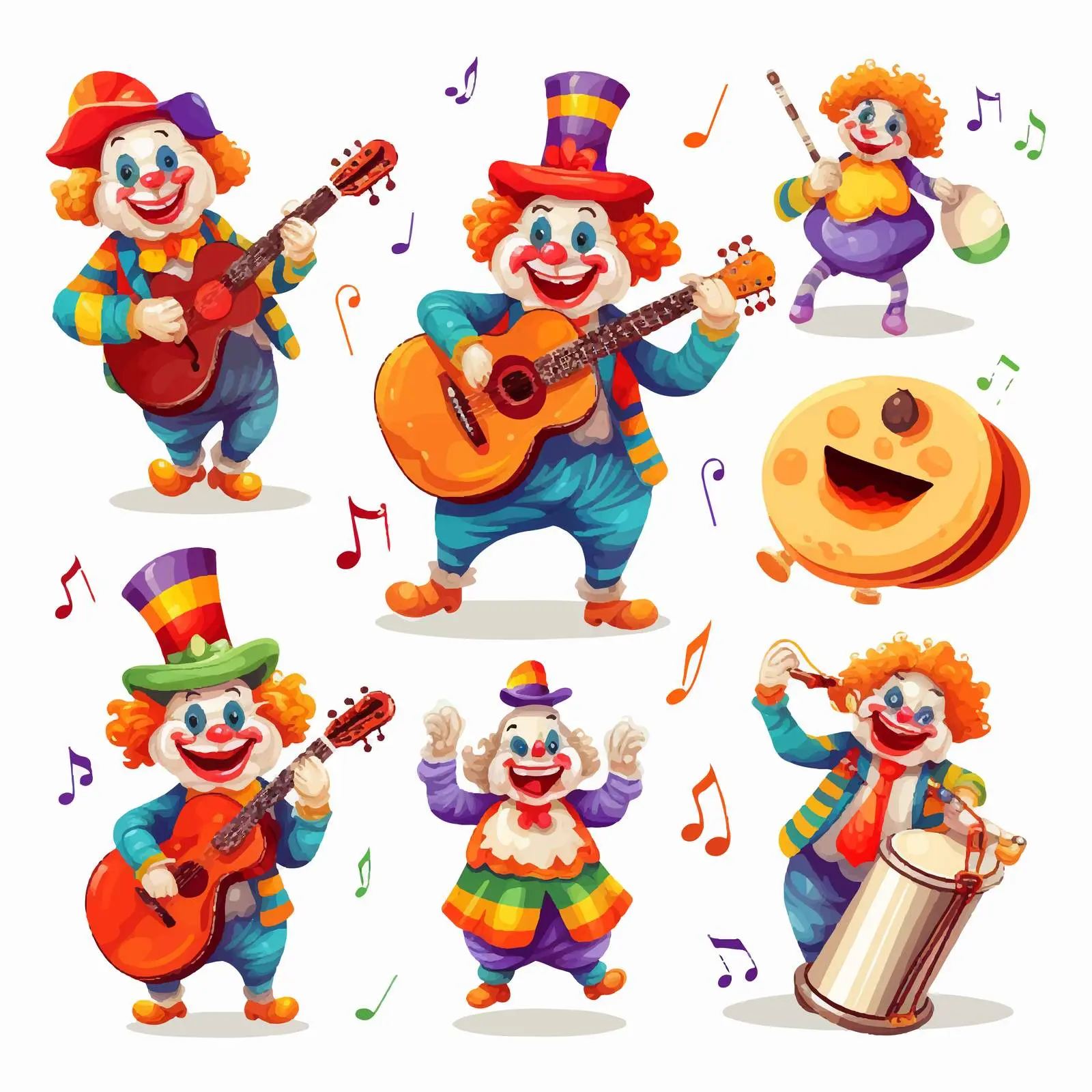 Happy Clown Playing Musical Instruments with Notes — free download from Dotvec