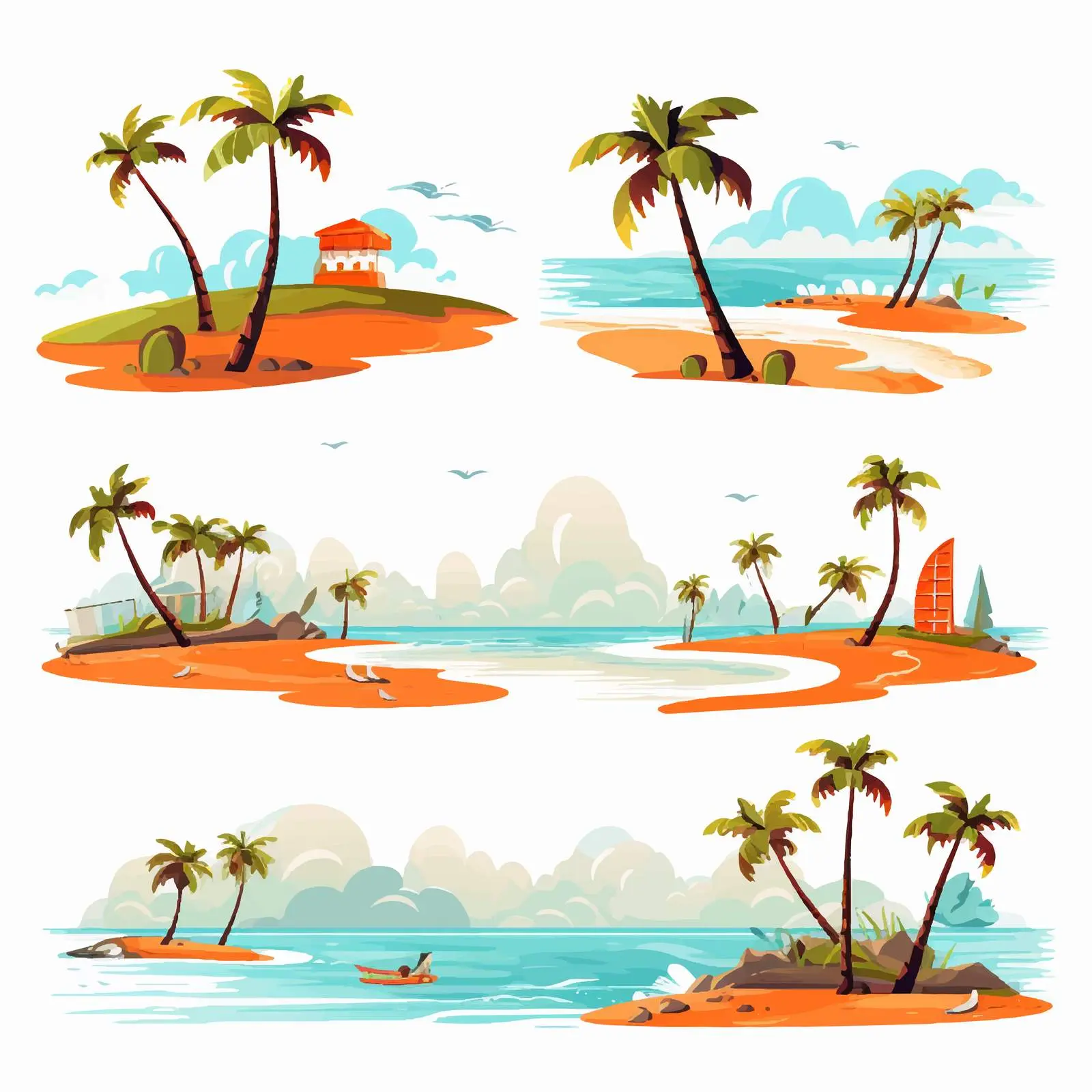 Cartoon Beach Scenes Vector Illustrations Set — free download from Dotvec