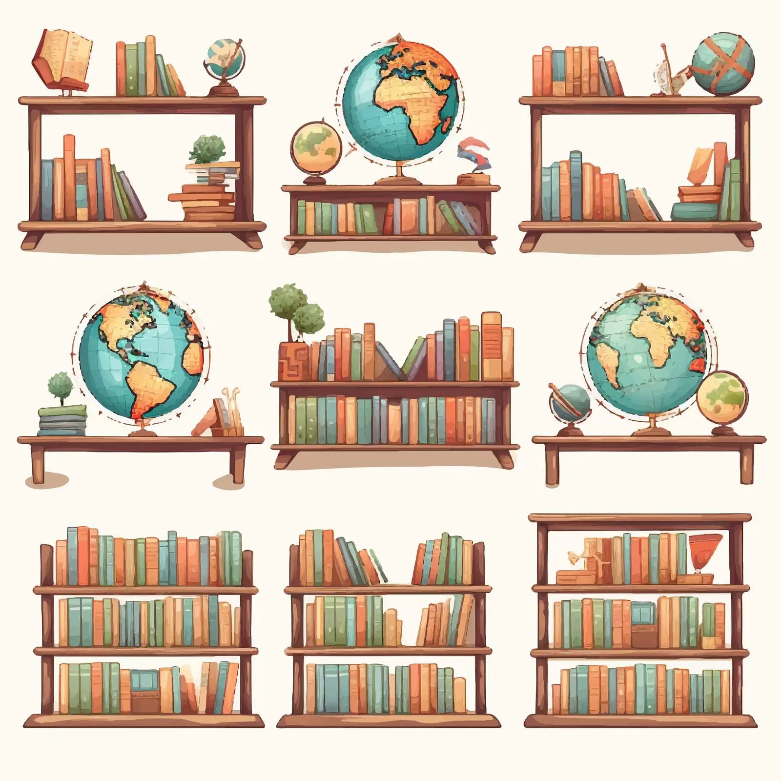 Bookcase with Educational Elements and Global Map — free download from Dotvec