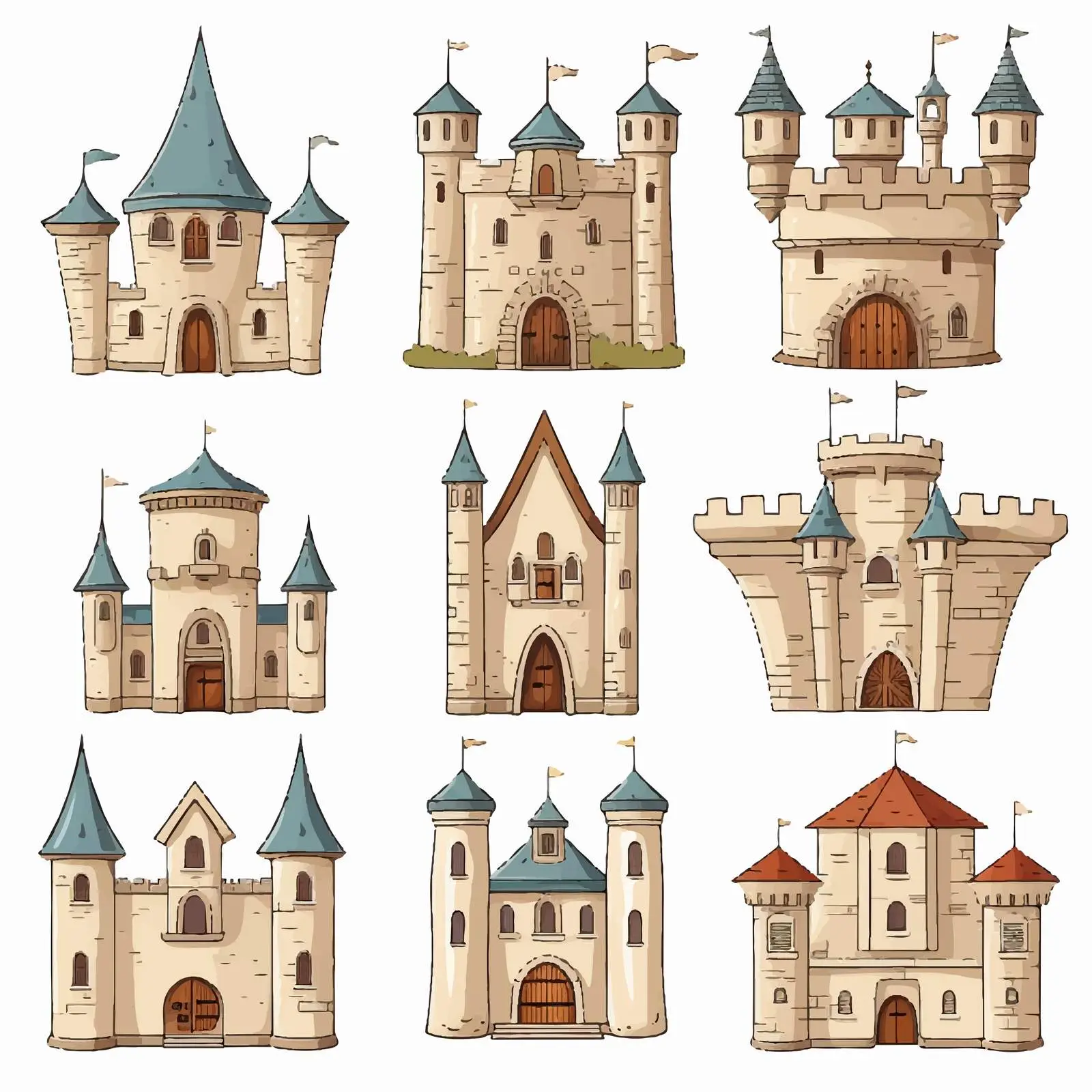 Cartoon Castle Illustrations Collection on White Background — free download from Dotvec