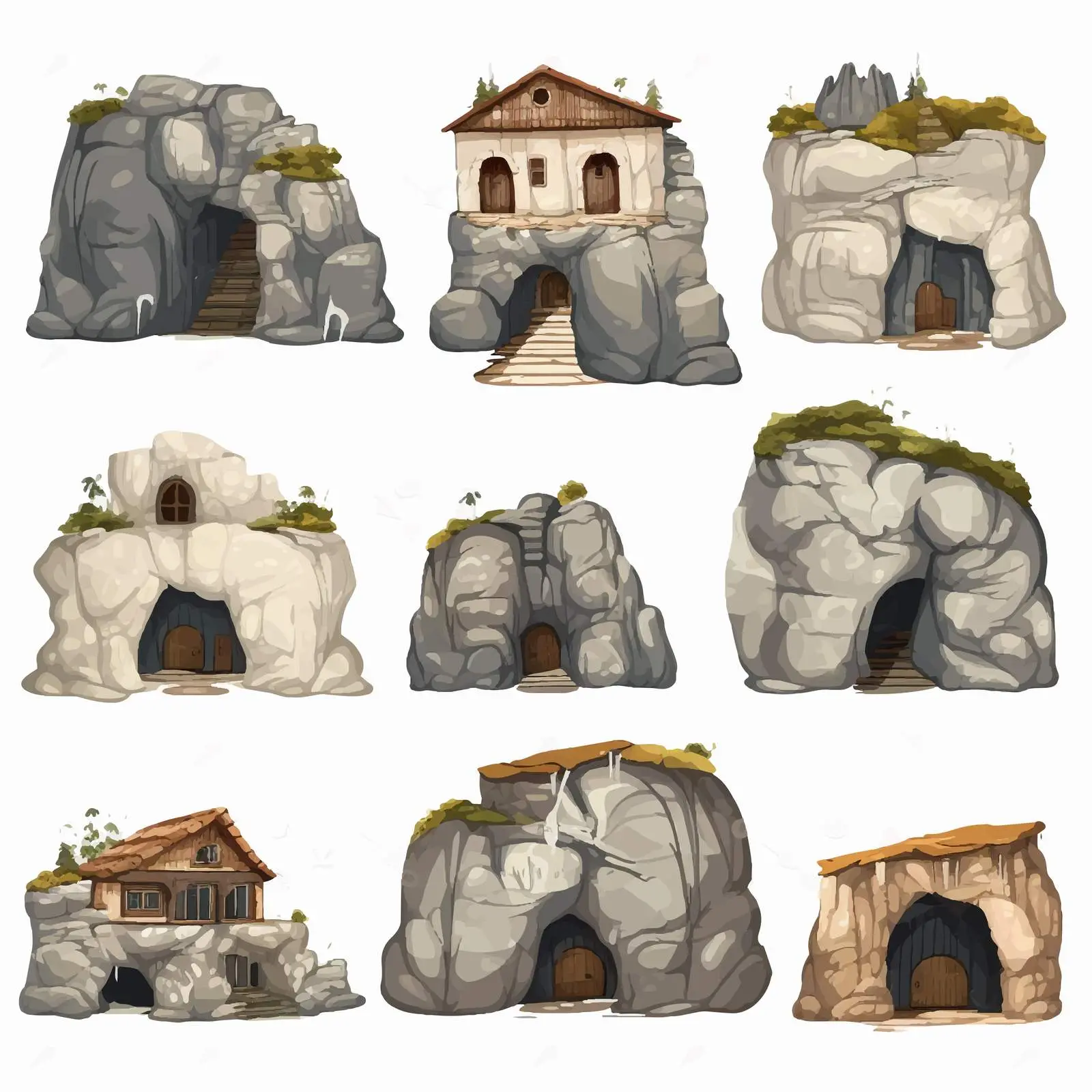 Abandoned Houses with Rock Cave Illustration — free download from Dotvec