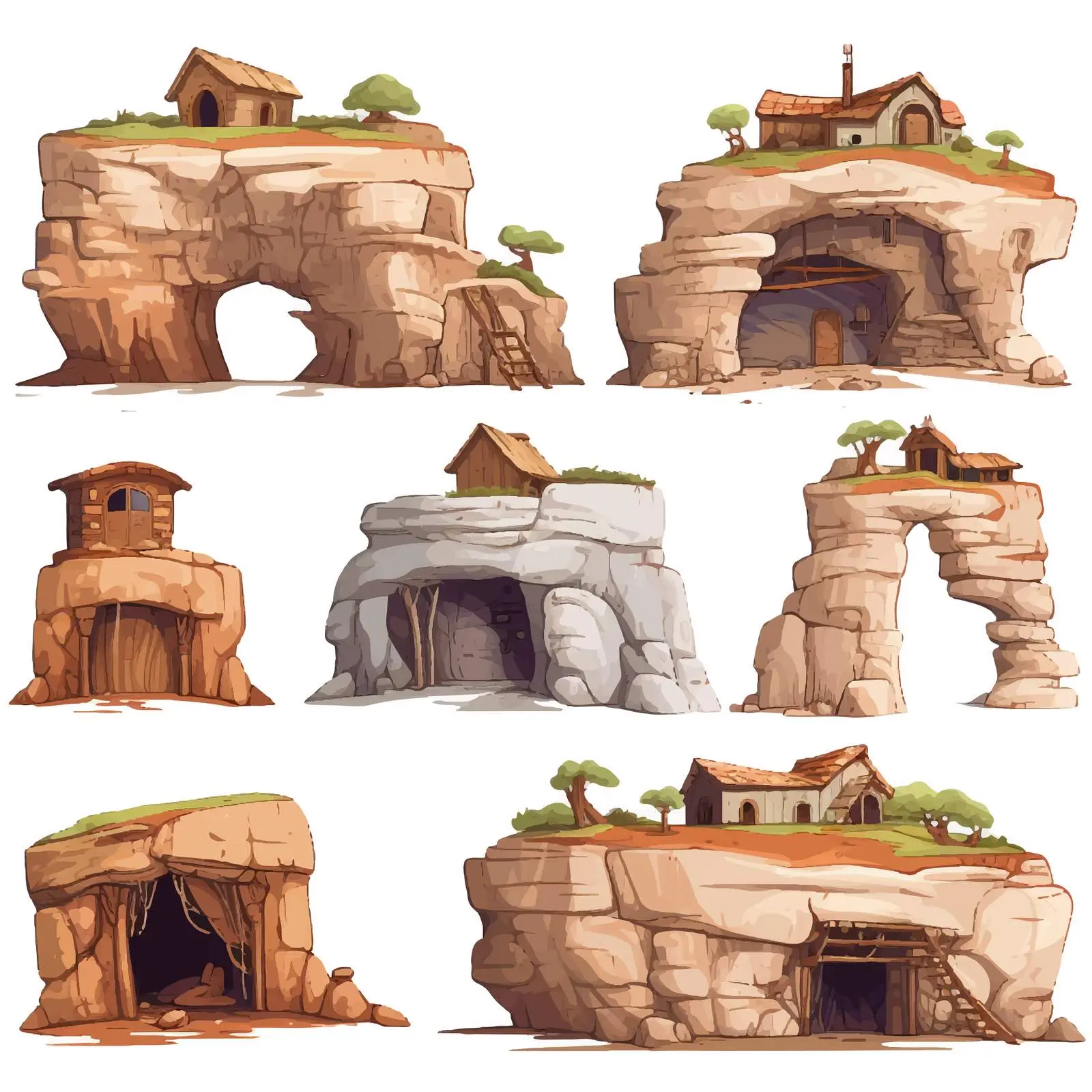 Abandoned Houses and Rock Cave Vector Illustration – free adventure illustration image from Dotvec