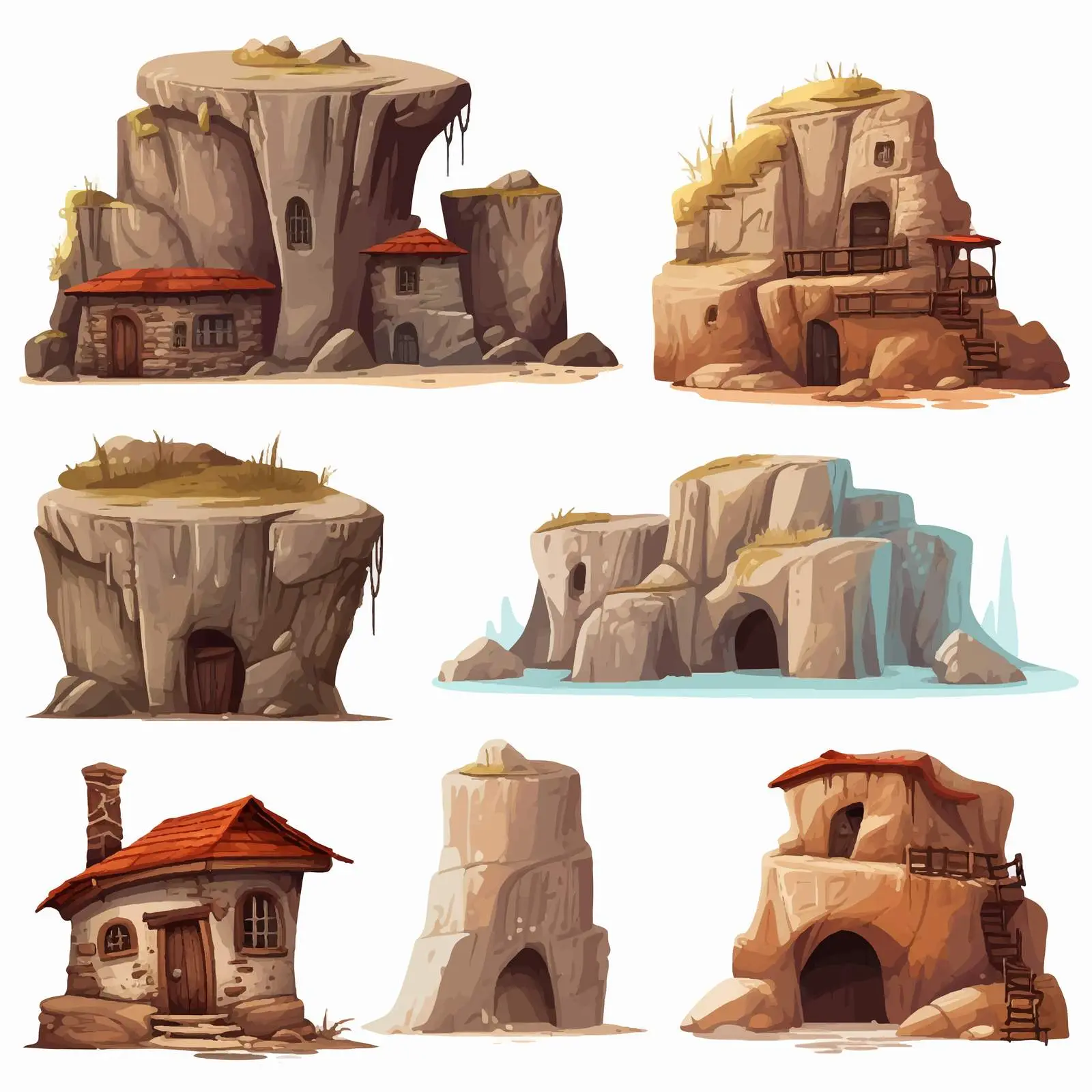 Illustration of Abandoned Houses and Rock Cave — free download from Dotvec