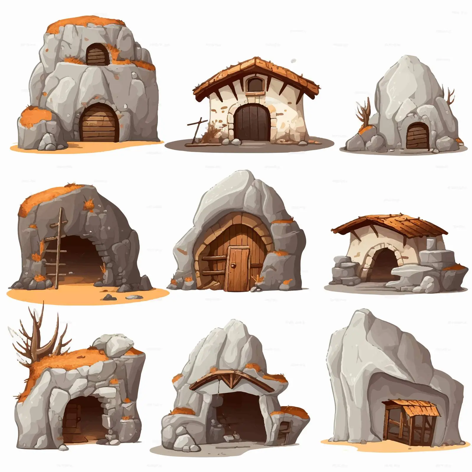 Abandoned Houses and Rock Cave Vector Illustration – free nature and architecture image from Dotvec