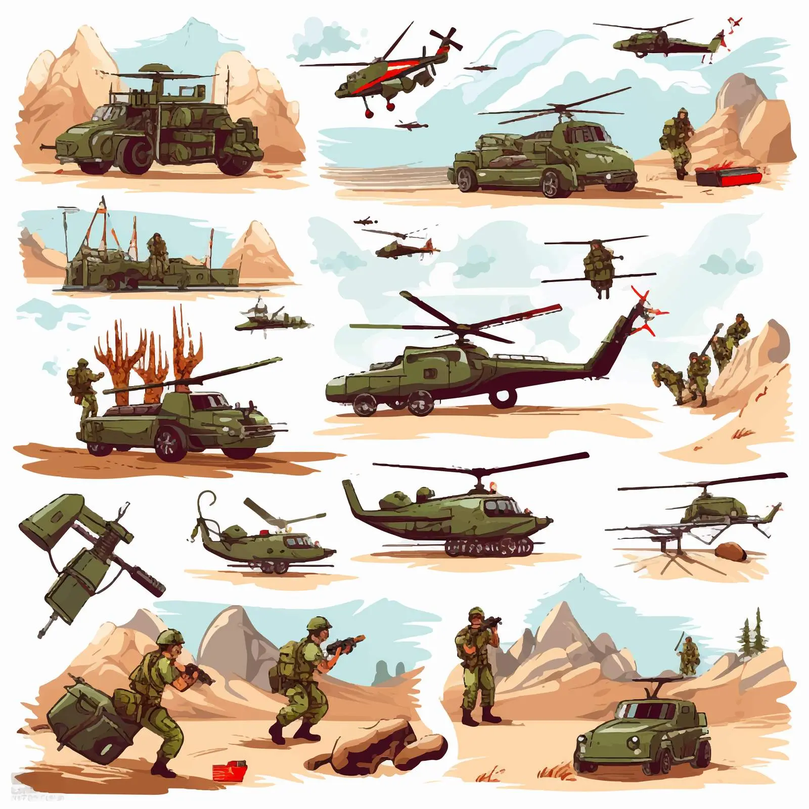 Diverse Army War Scenes Vector Illustration — free download from Dotvec