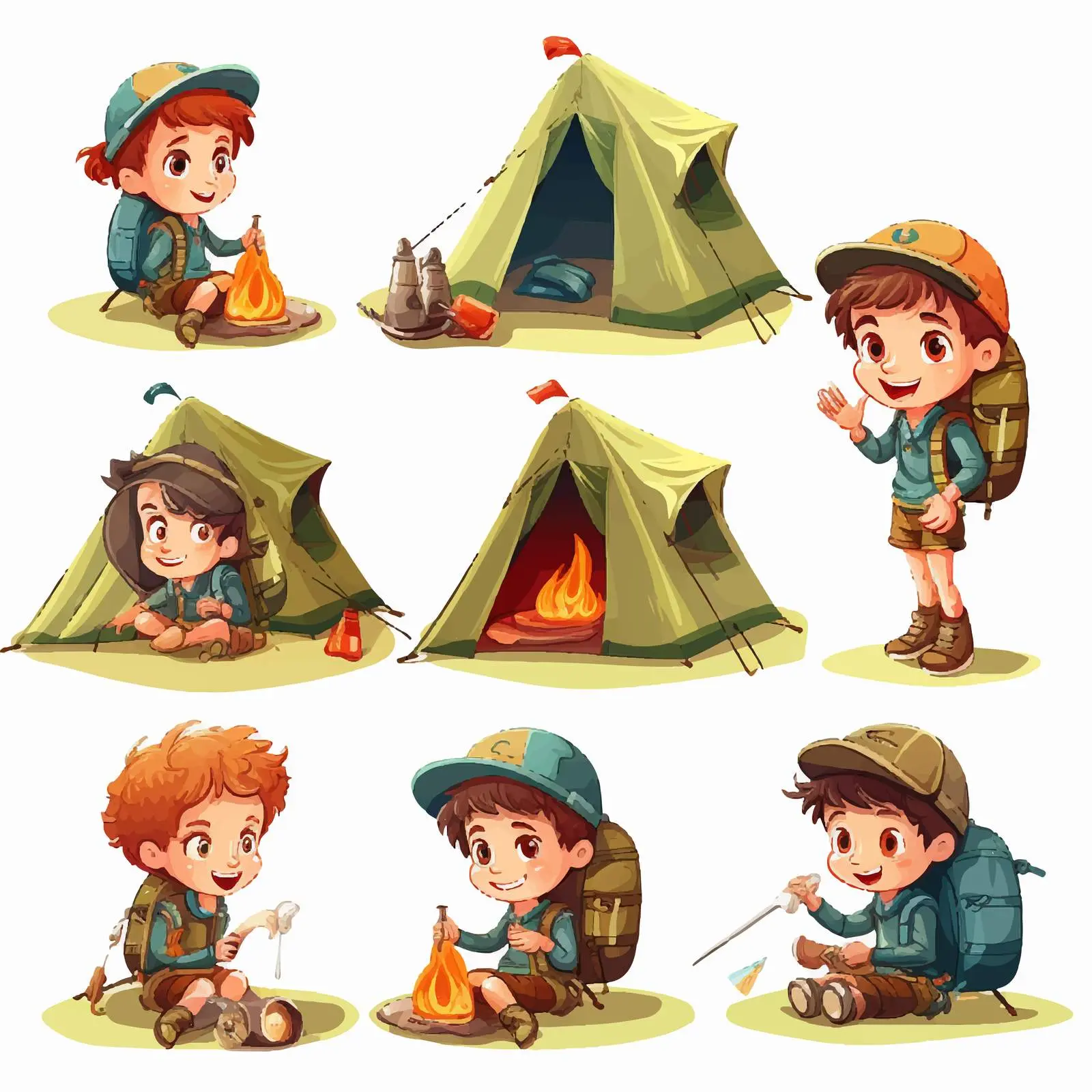 Diverse Kids Camping Vector Illustrations — free download from Dotvec