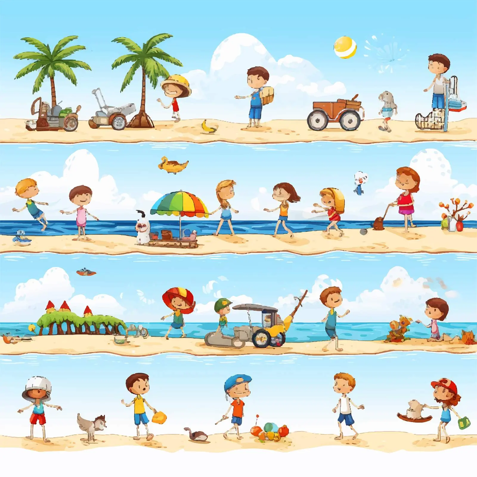 Colorful Beach Scenes with Doodle Kids and Car — free download from Dotvec