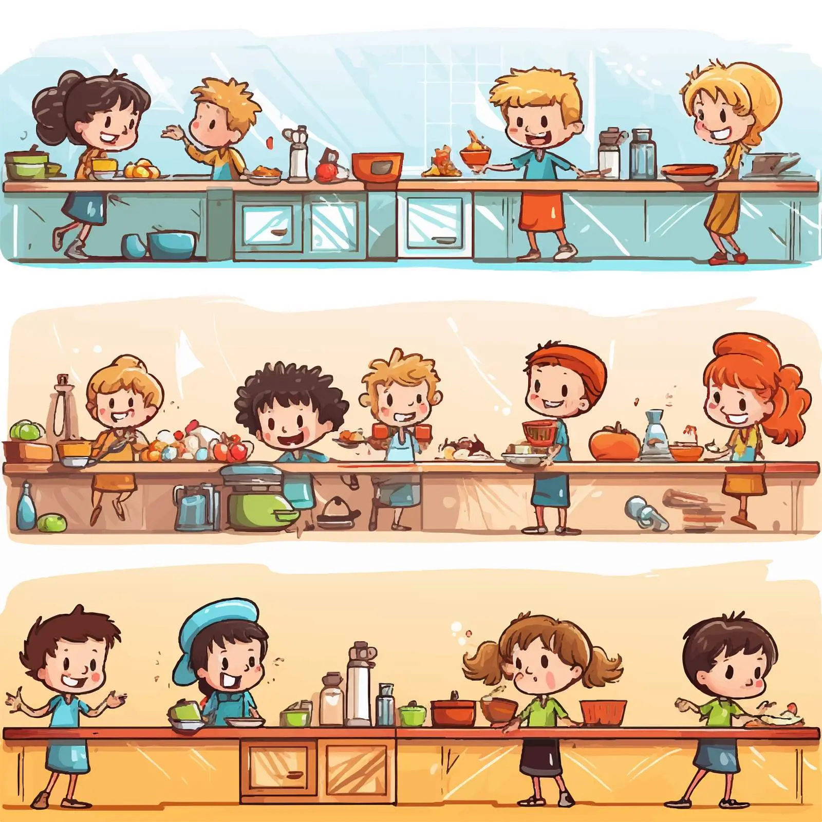 Doodle Kids in Diverse Kitchen Scenes — free download from Dotvec