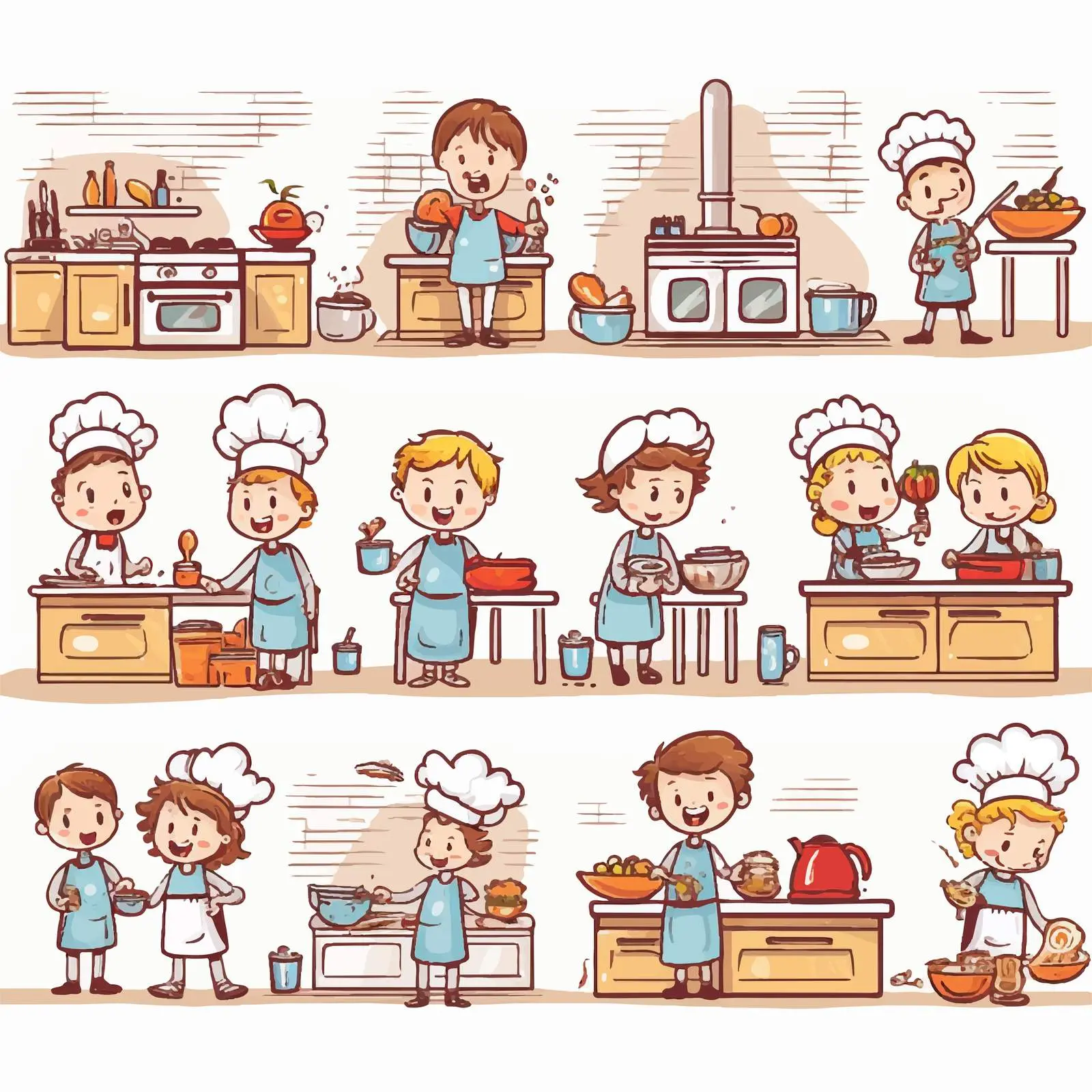 Playful Kitchen Scenes with Doodle Kids — free download from Dotvec