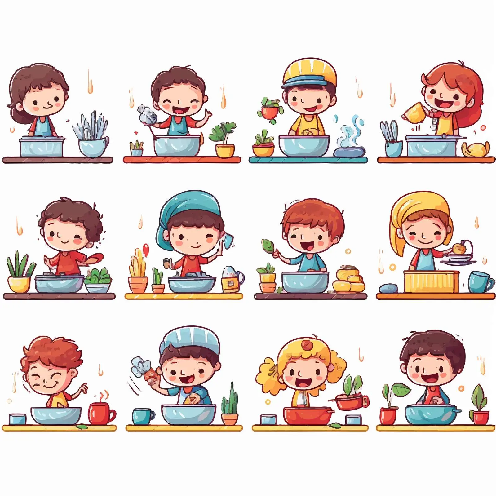 Doodle Kids in Different Kitchen Scenes — free download from Dotvec