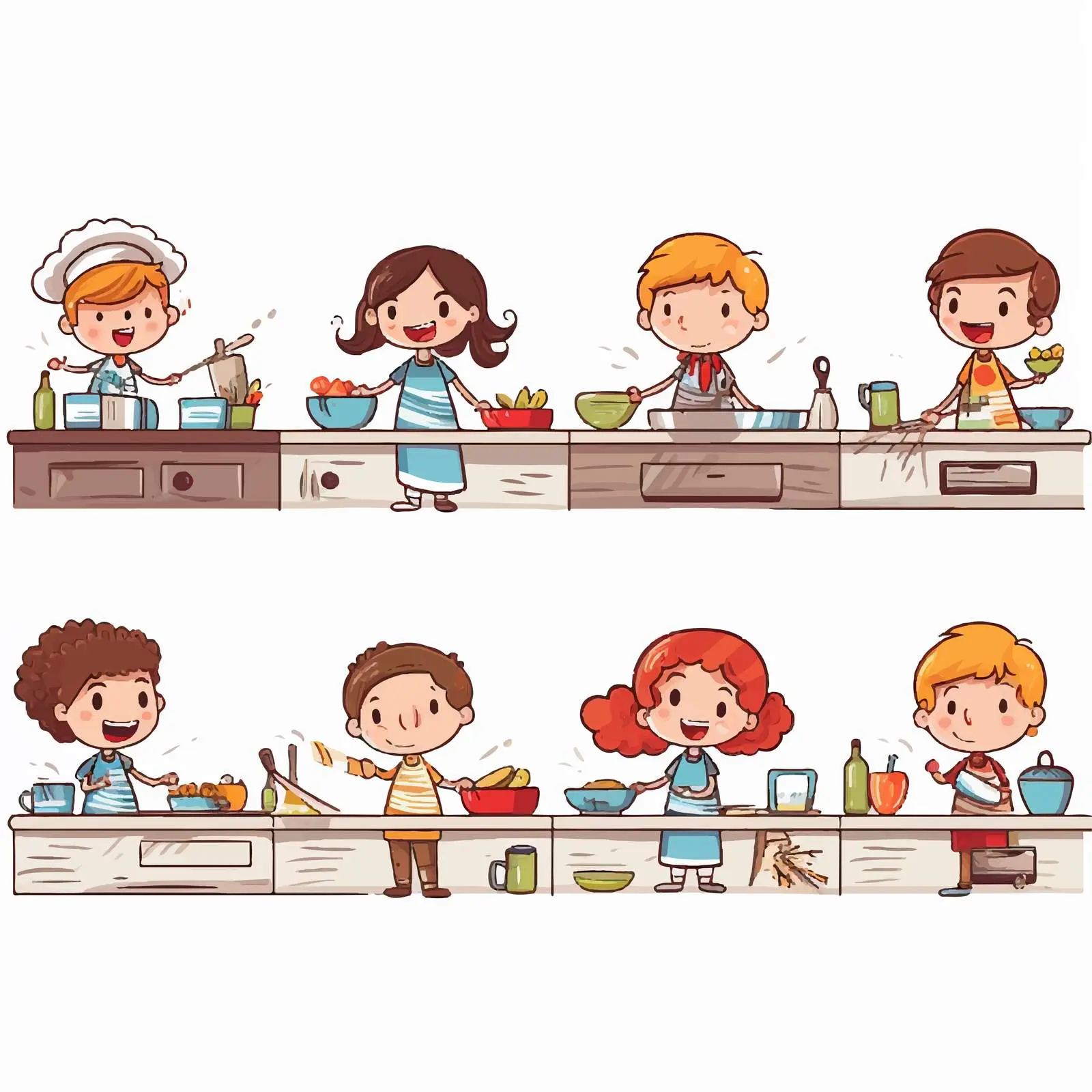 Doodle Kids in Horizontal Kitchen Scenes — free download from Dotvec