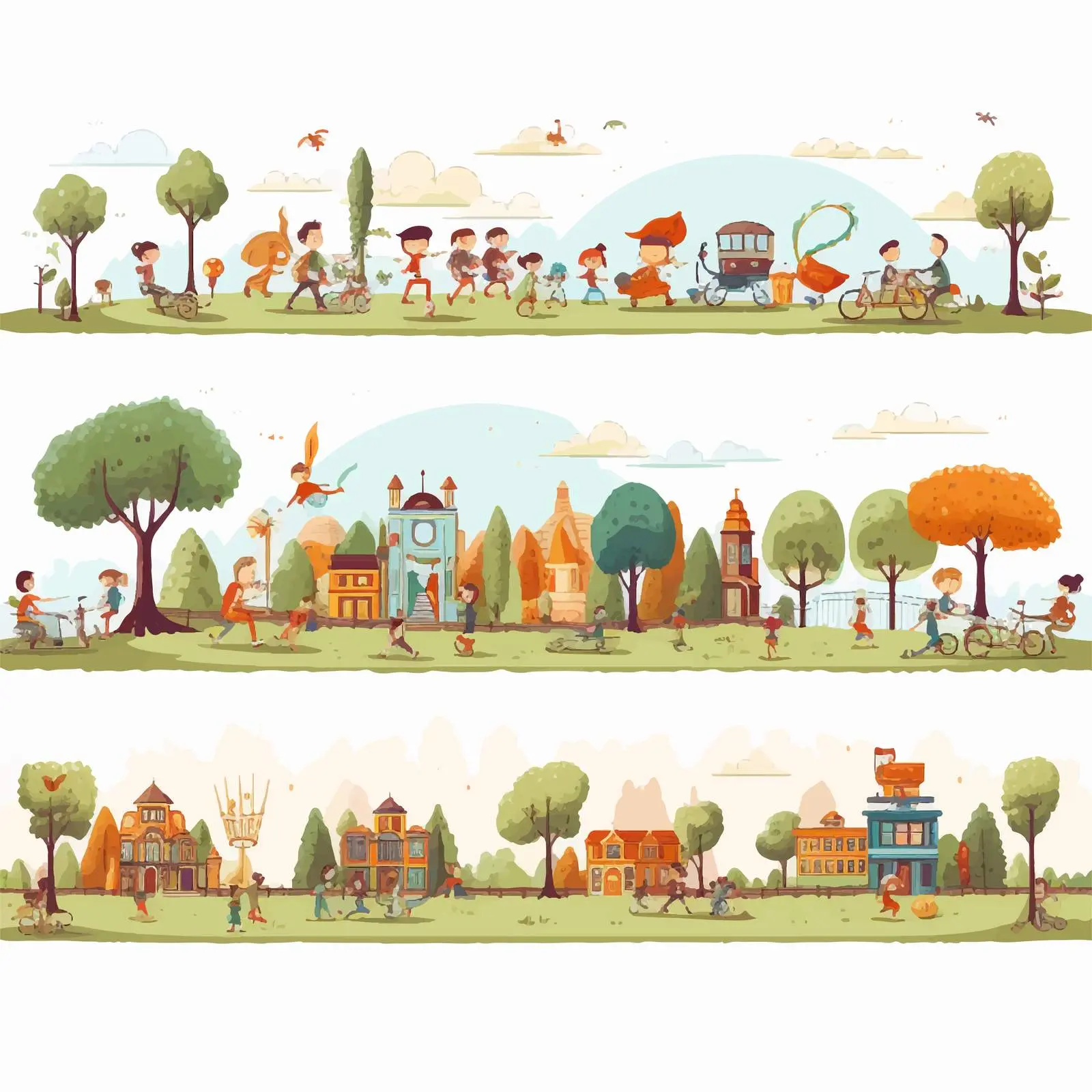 Horizontal Park Scenes with Doodle Kids and Cart — free download from Dotvec