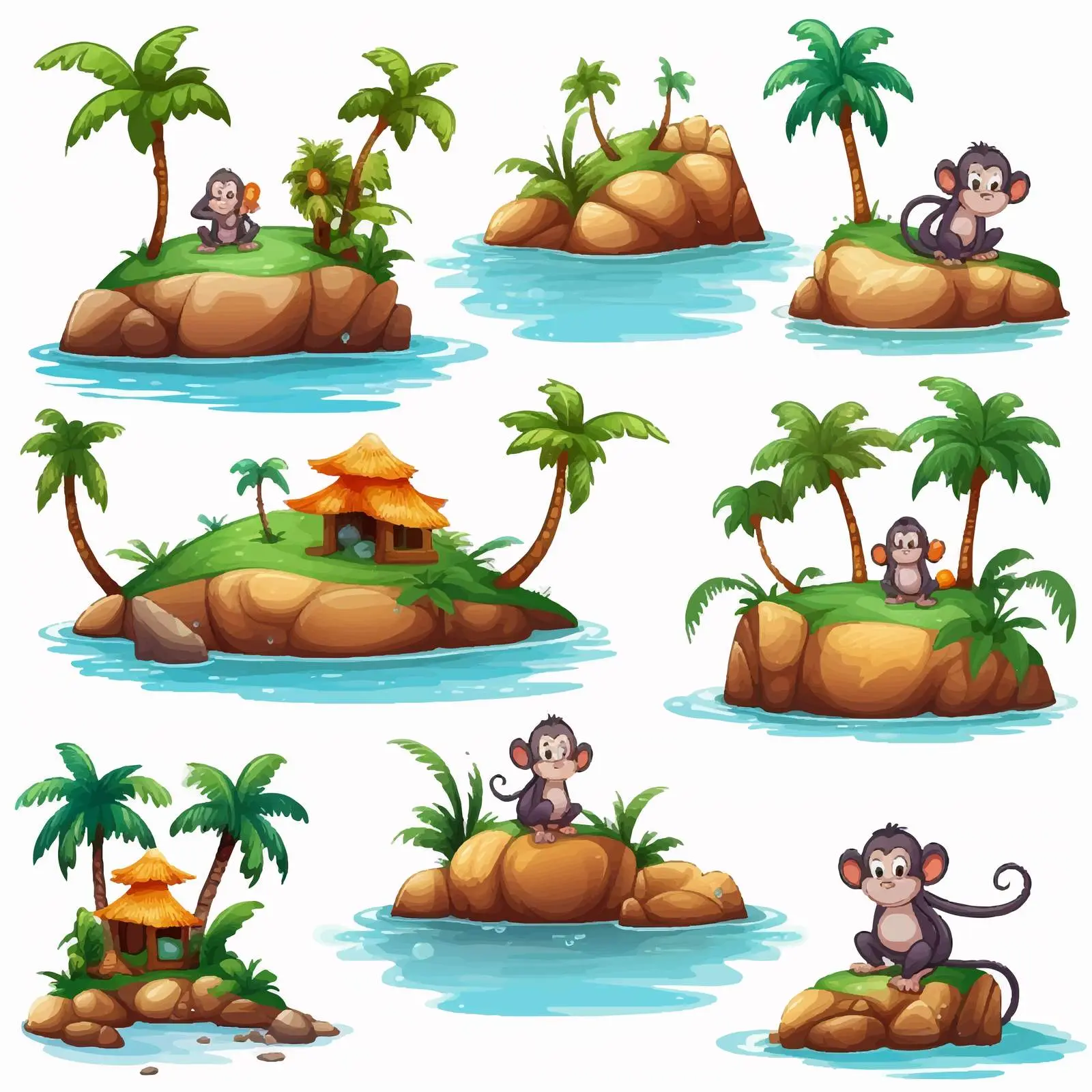 Vector Islands with Cartoon Monkey Characters – free funny monkeys image from Dotvec