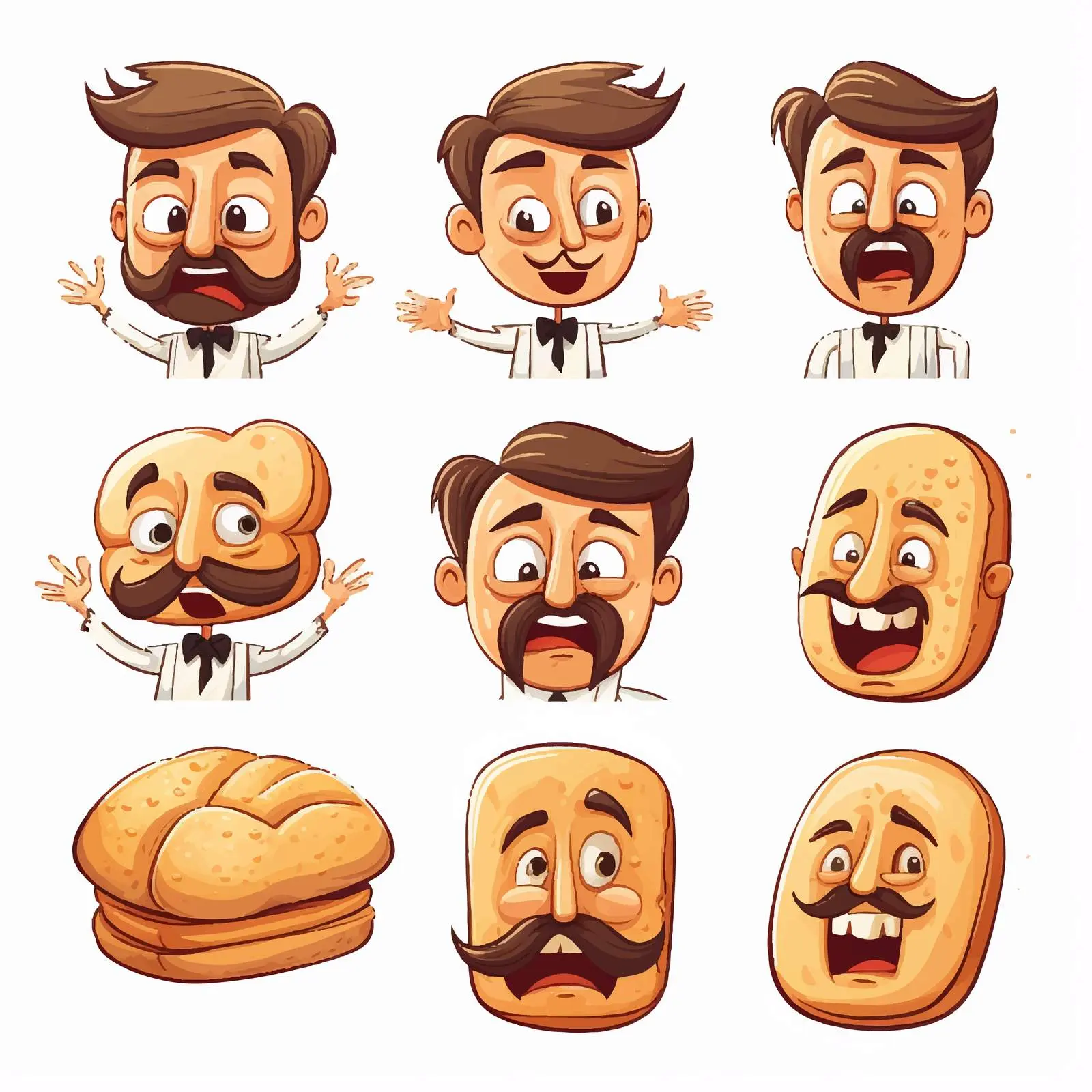 Vintage Cartoon Facial Expressions with Bun Bread — free download from Dotvec