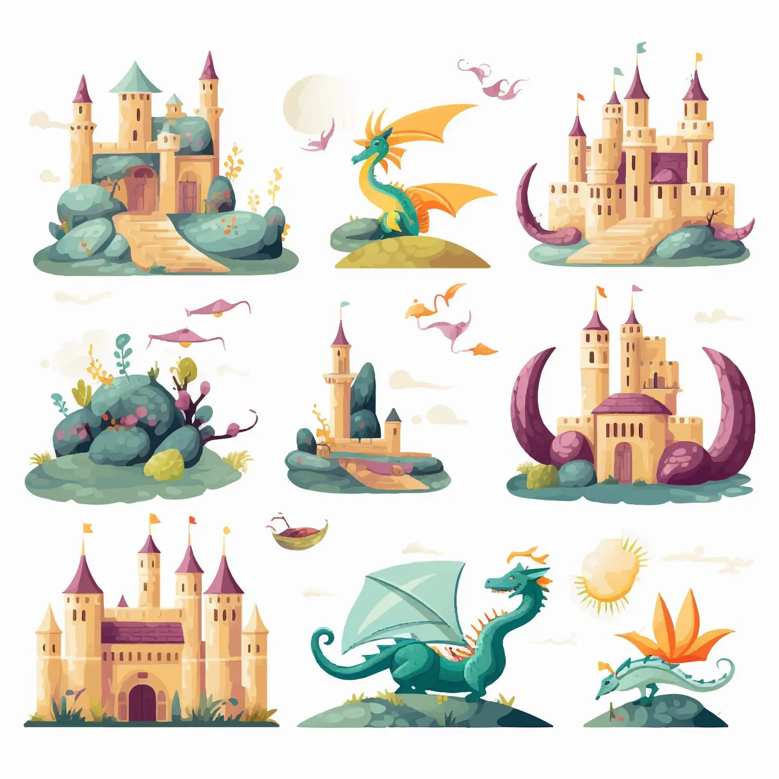 Fairytale Vector with Dragon and Castle — free download from Dotvec
