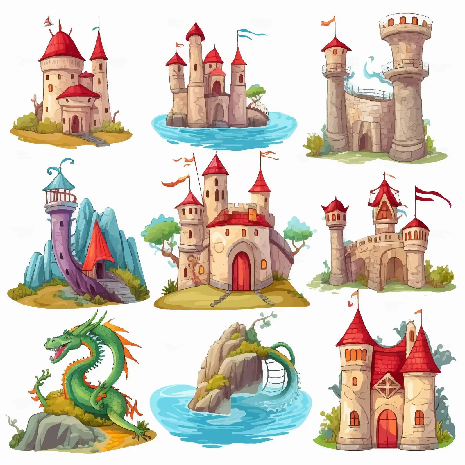 Fairytale Vectors with Dragon and Castle — free download from Dotvec