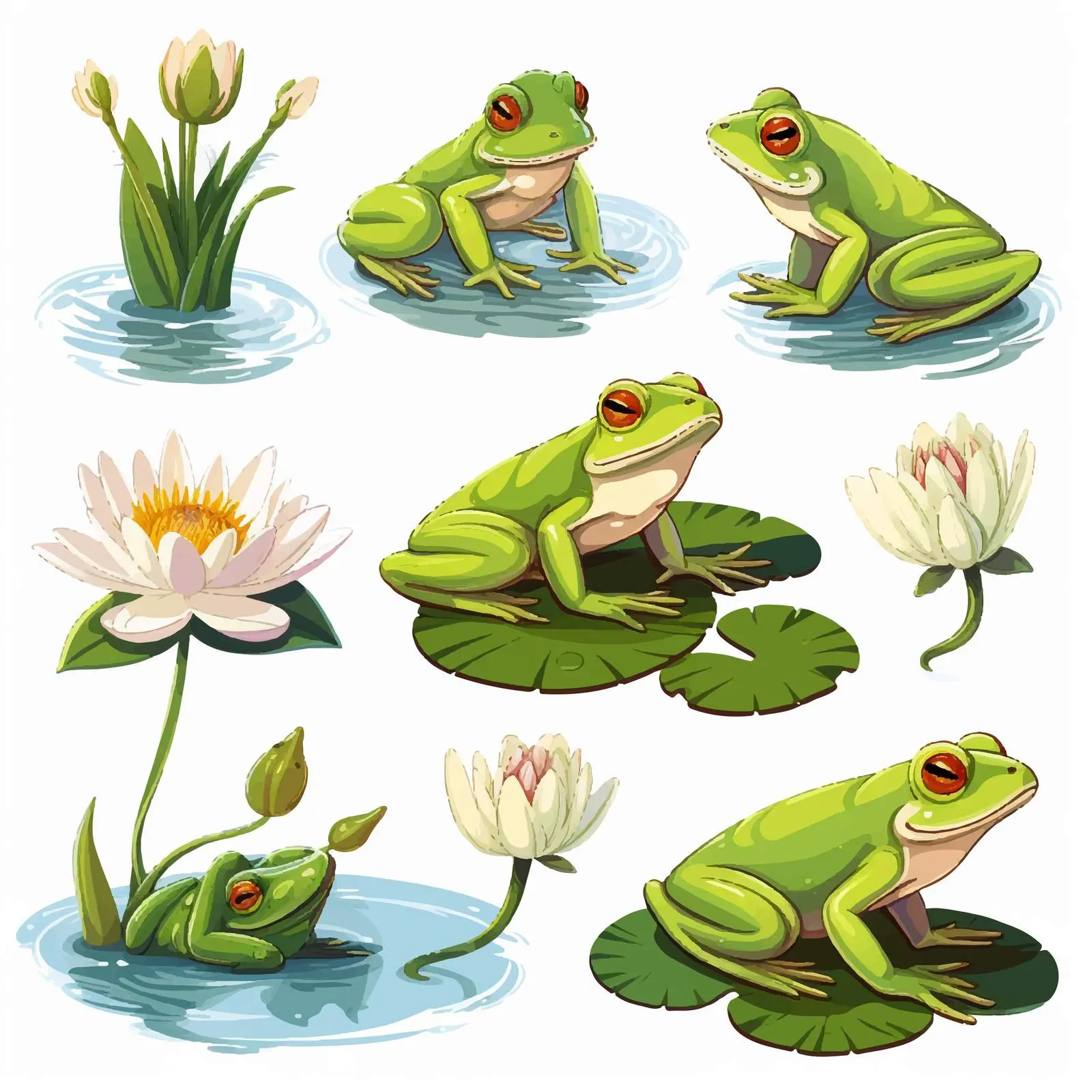 Cute Green Frog with Water Lily Vector Art — free download from Dotvec