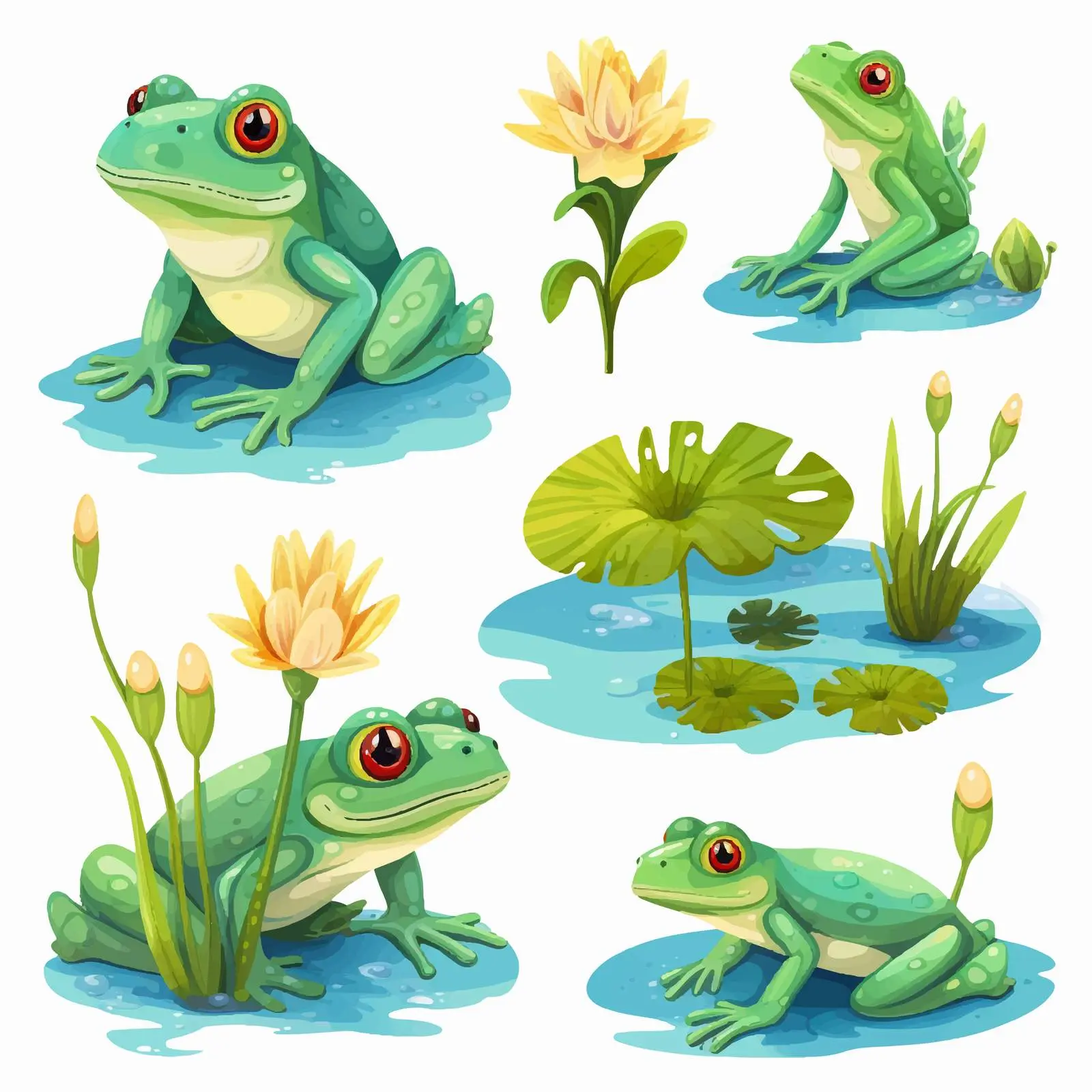 Green Frog and Water Lily Cartoon Vector – free pond scene image from Dotvec