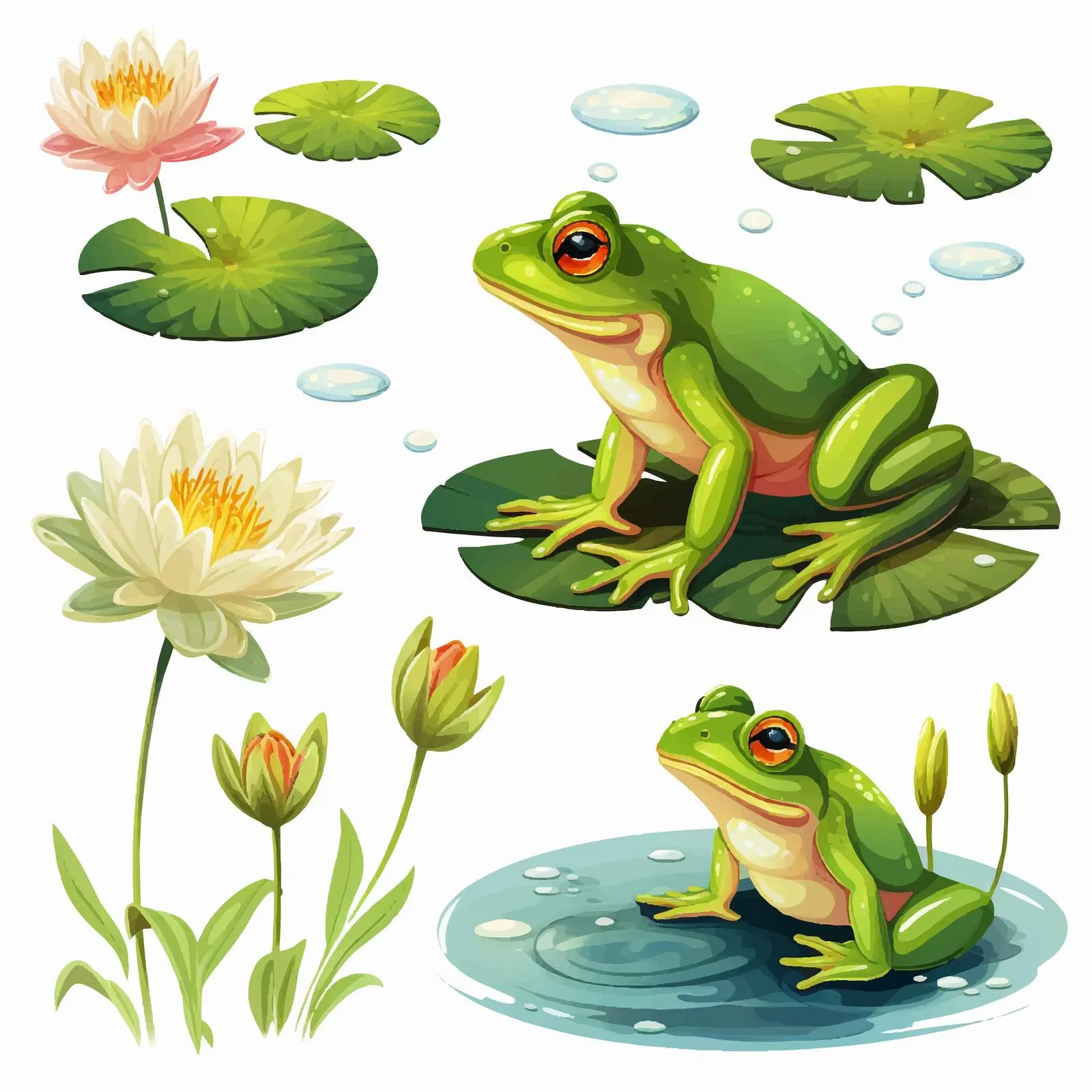 Green Frog and Water Lily Cartoon Vector – free funny frog image from Dotvec