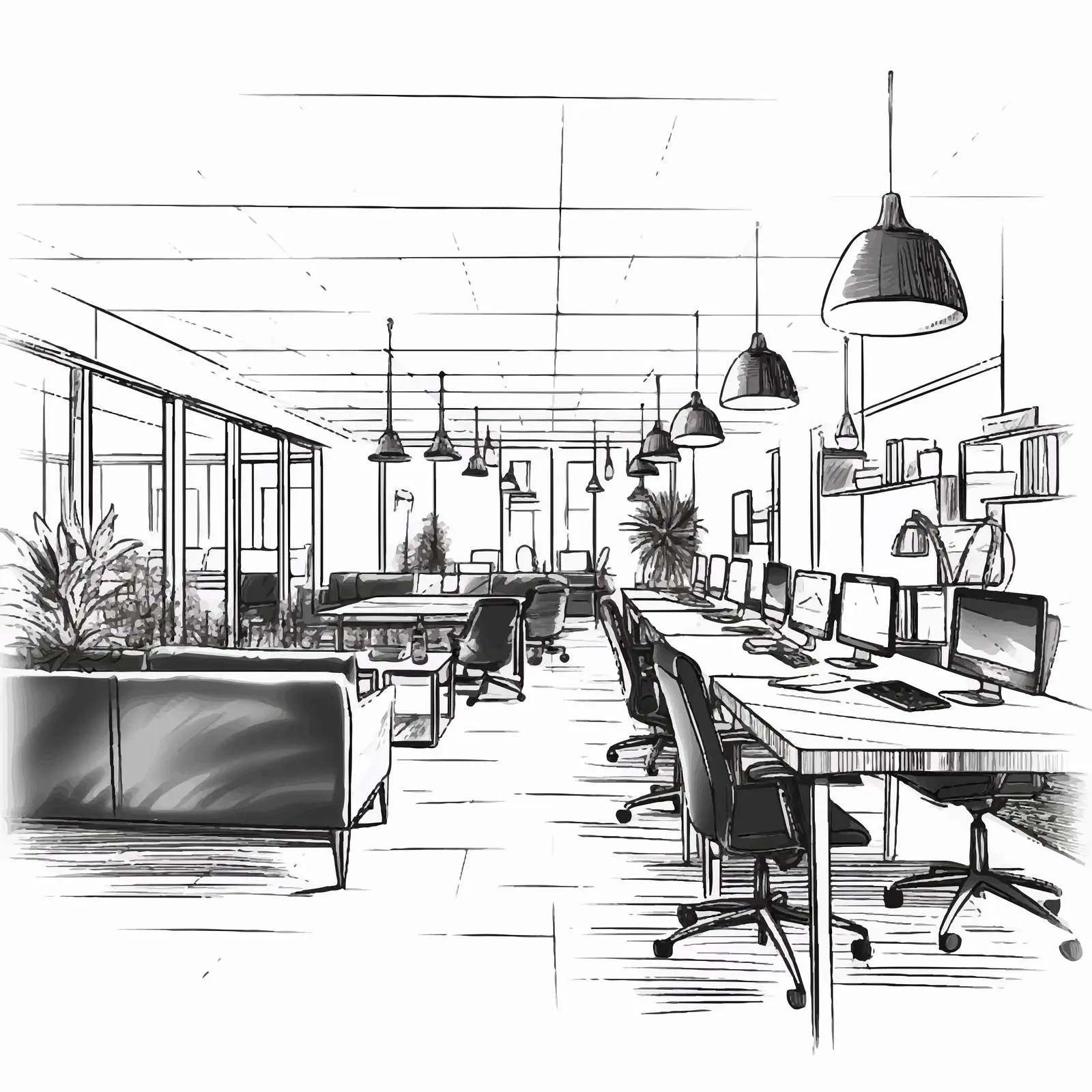 Modern Hand-Drawn Coworking Office Interiors — free download from Dotvec