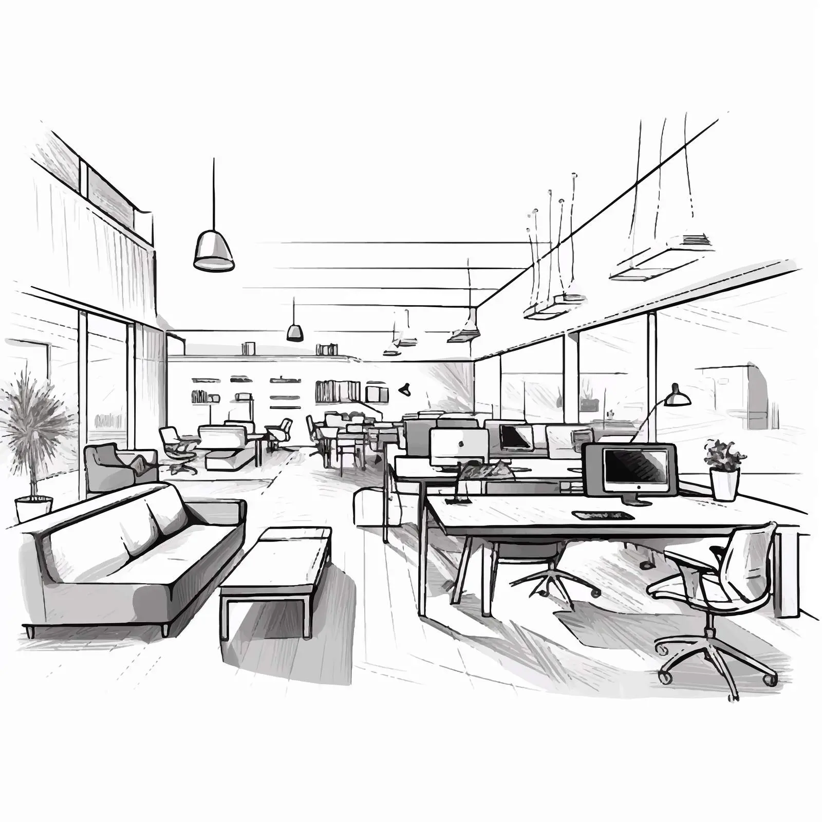Hand-Drawn Coworking Spaces and Modern Interiors — free download from Dotvec