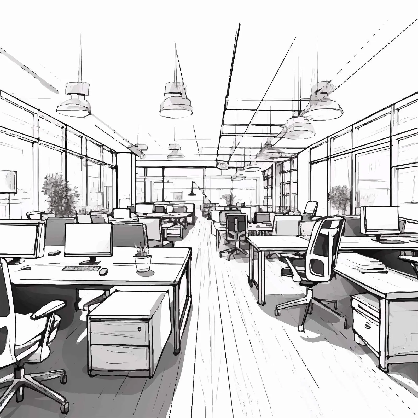 Modern Hand-Drawn Coworking Office Interiors — free download from Dotvec