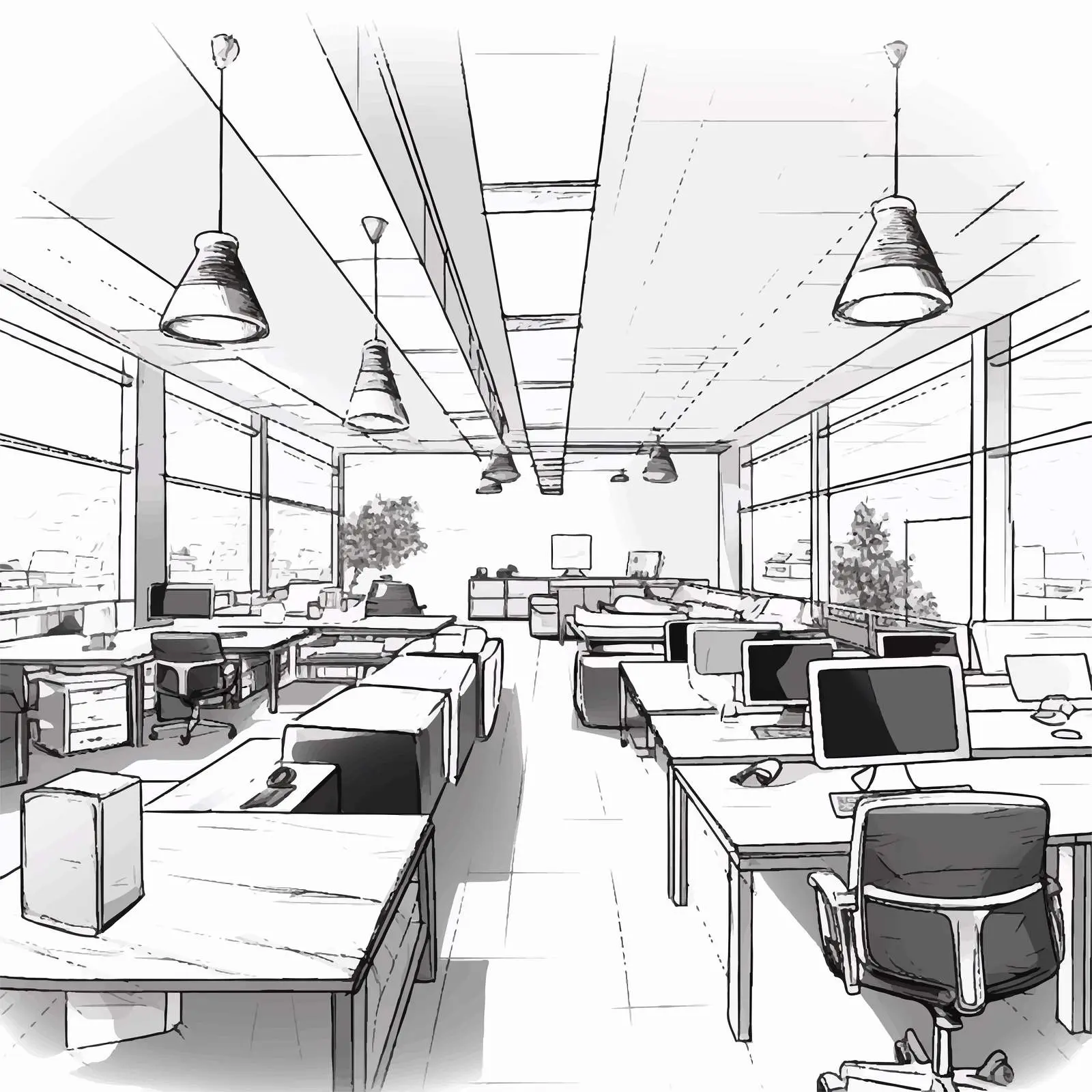 Hand Drawn Coworking Space Interior Design — free download from Dotvec