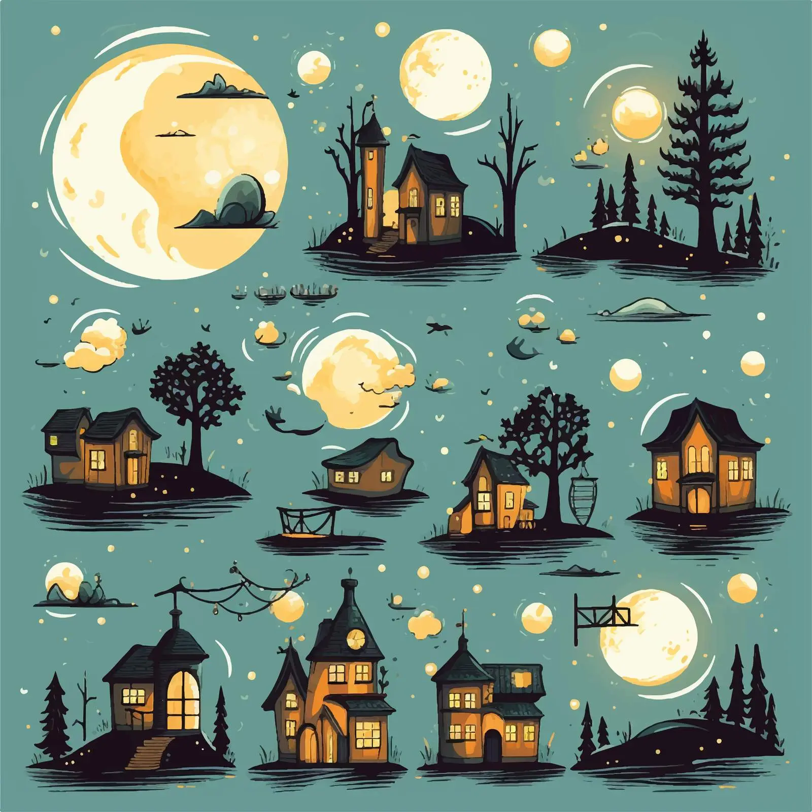 Cartoon Night Moon Scenes Vector Illustration — free download from Dotvec