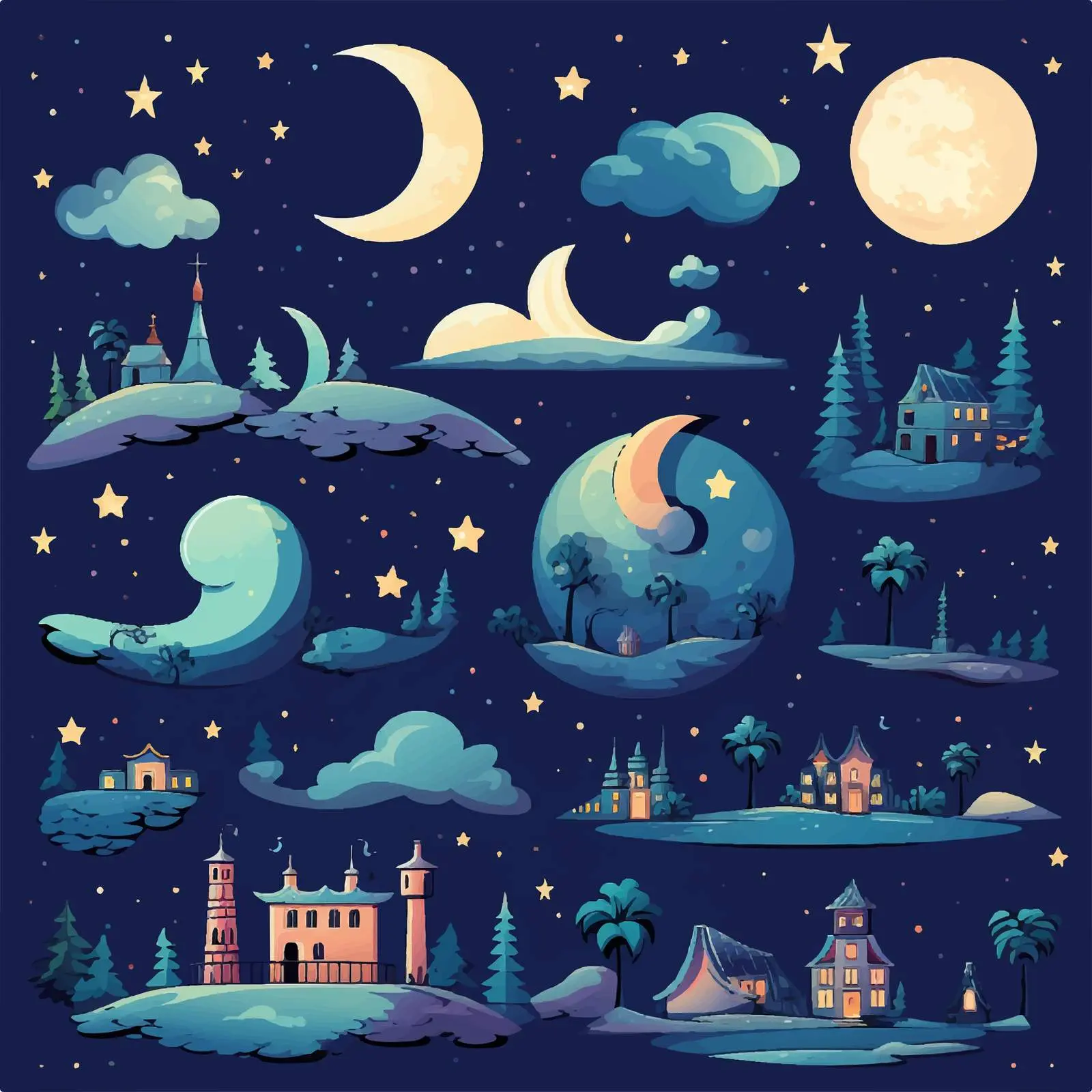 Cartoon Night Moon Scene Vector Illustrations — free download from Dotvec
