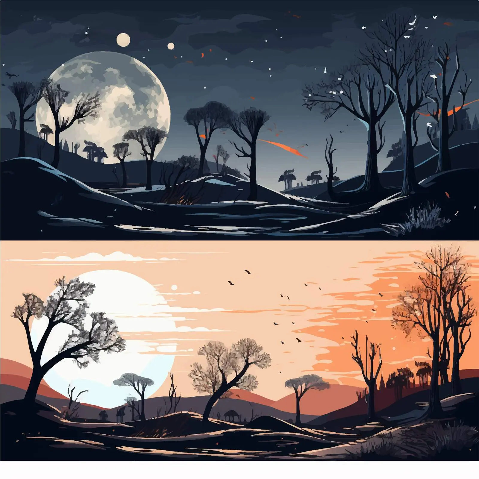 Night Moon Scene Illustrations Vector Set – free dusk image from Dotvec