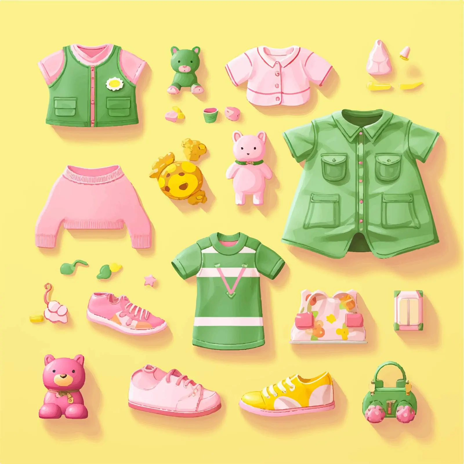 Pink and Green Toys and Clothes on Yellow Background — free download from Dotvec