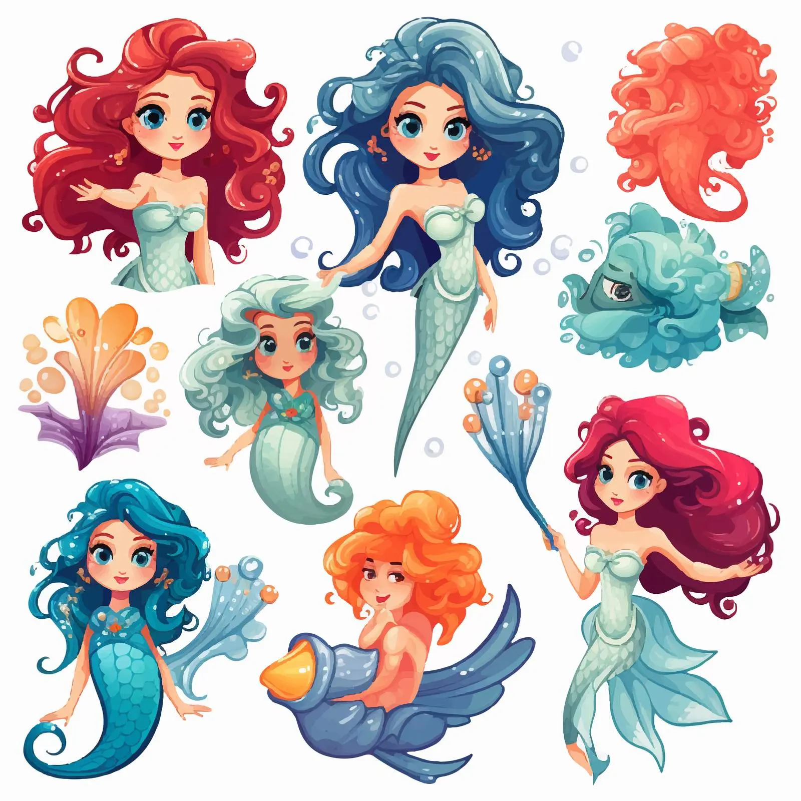Beautiful Fairy and Mermaid Cartoon Stickers Set — free download from Dotvec