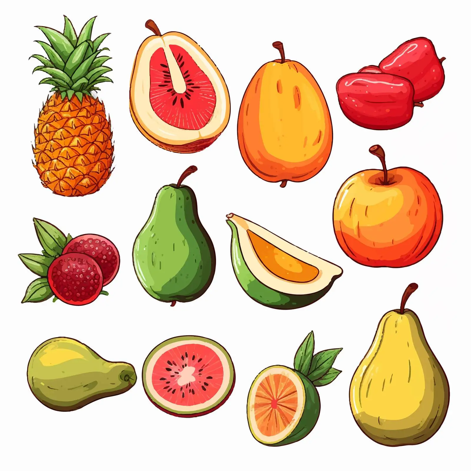 Exotic Tropical Fruits Whole and Cut Illustration — free download from Dotvec